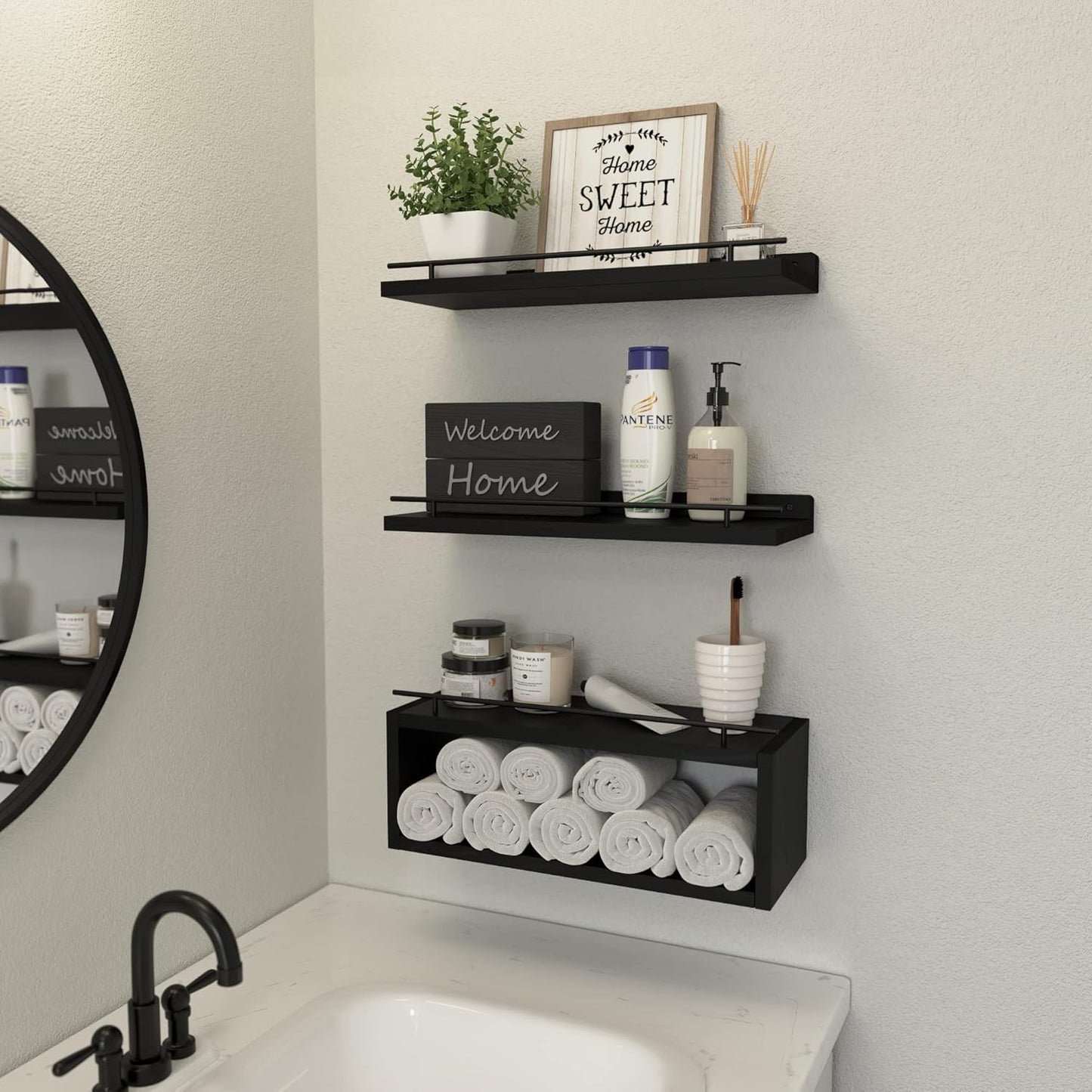 Floating Shelves for Wall with Cube Shelf, Wall Shelves with Metal Rail for Bathroom Decor, Bathroom Organizers and