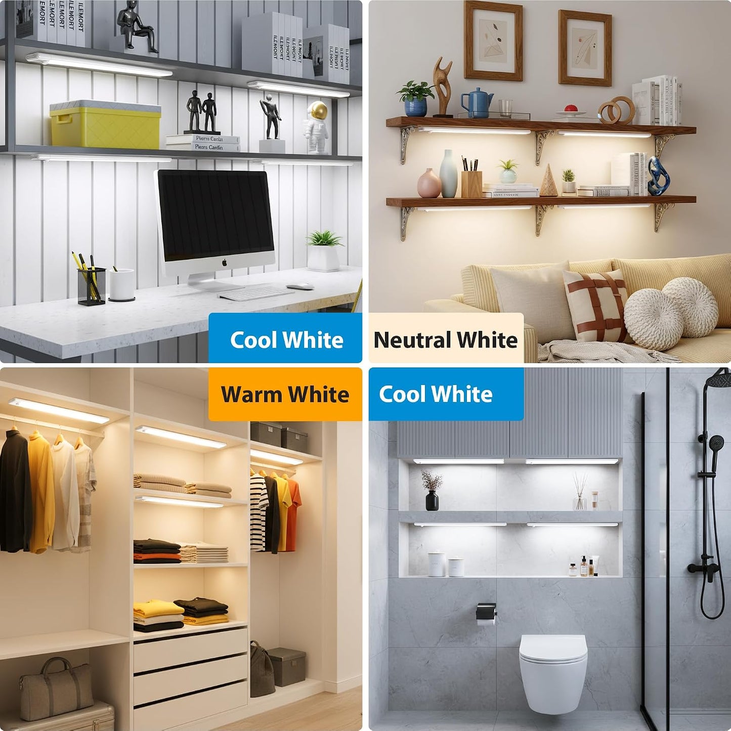 15.7 inch Motion Sensor Under Cabinet Light, 5-Pack, 3 Color | Dimmable, Rechargeable, Magnetic Closet Light, Wireless