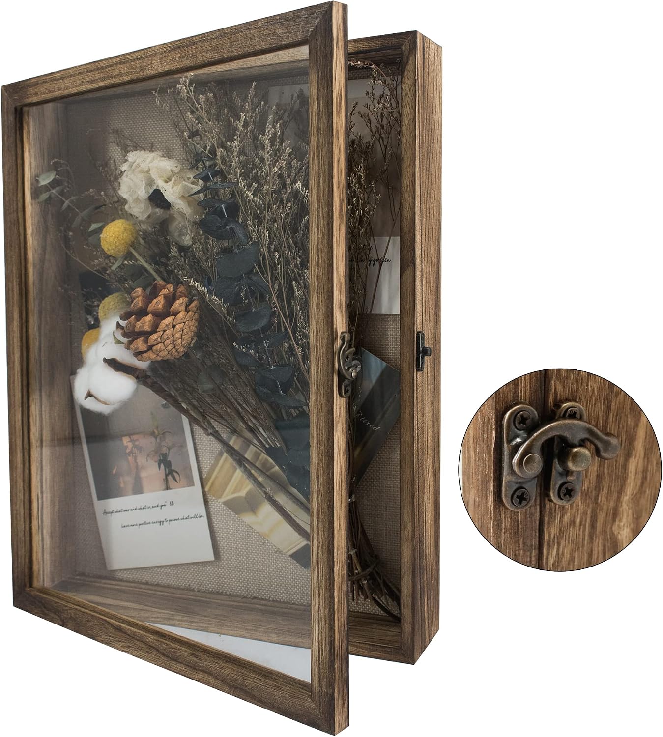 Large Shadow Box Frame 11x14 Display Case, Wood Wedding Bouquet Memory Box | Hinged Front Open Door with Tempered