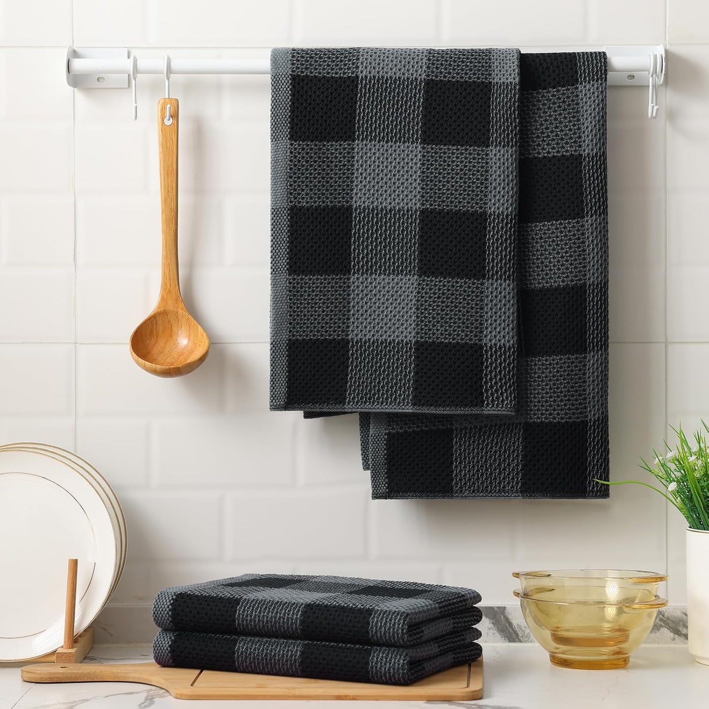 Mordimy 100% Cotton Waffle Weave Kitchen Towels, 20 x 28 Inches, Super Soft and Absorbent Buffalo Check Large Dish