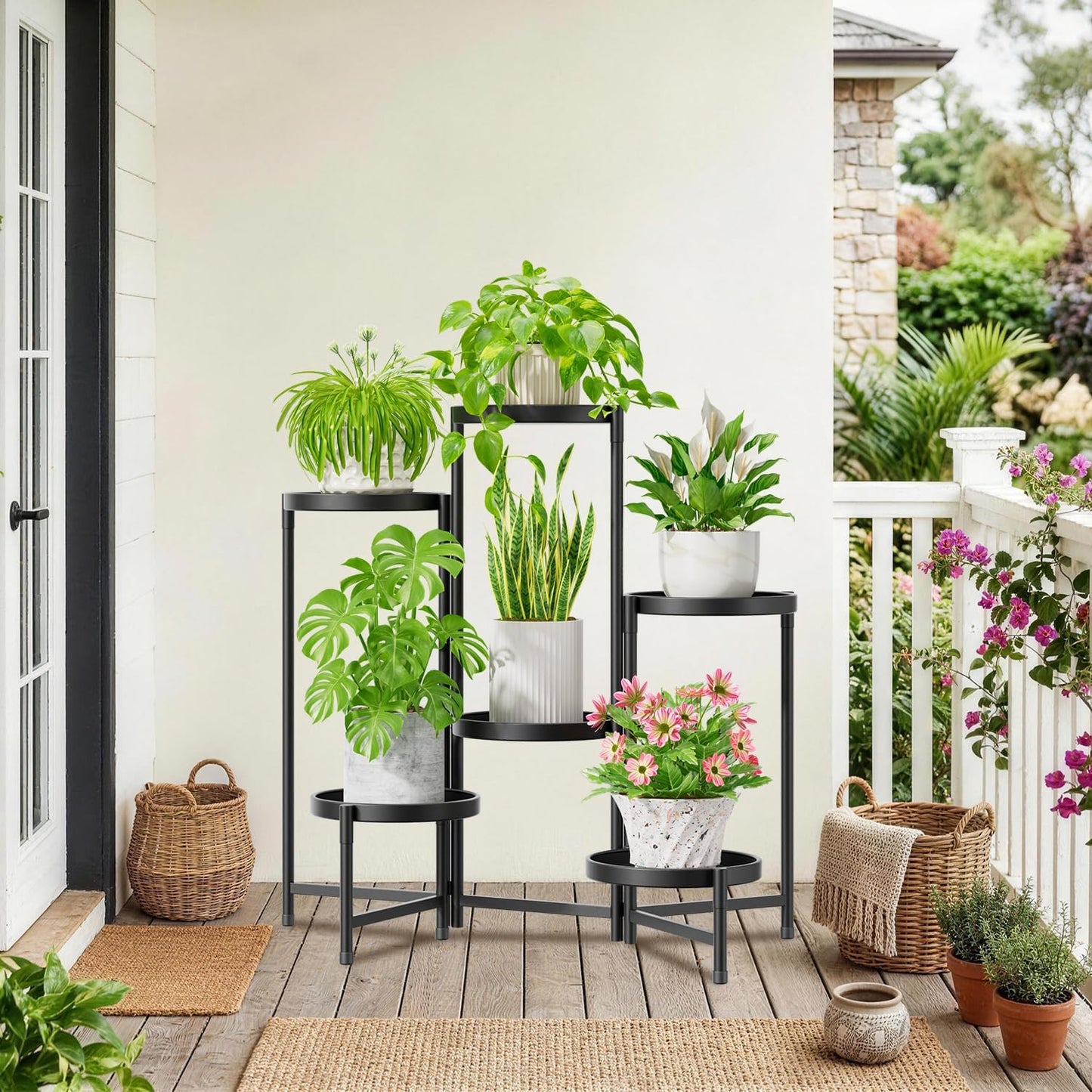 iDavosic.ly 6 Tier Large Plant Stand Indoor Outdoor, 10 In Wide Tray, Black | Tiered Metal Corner Heavy Duty Multiple