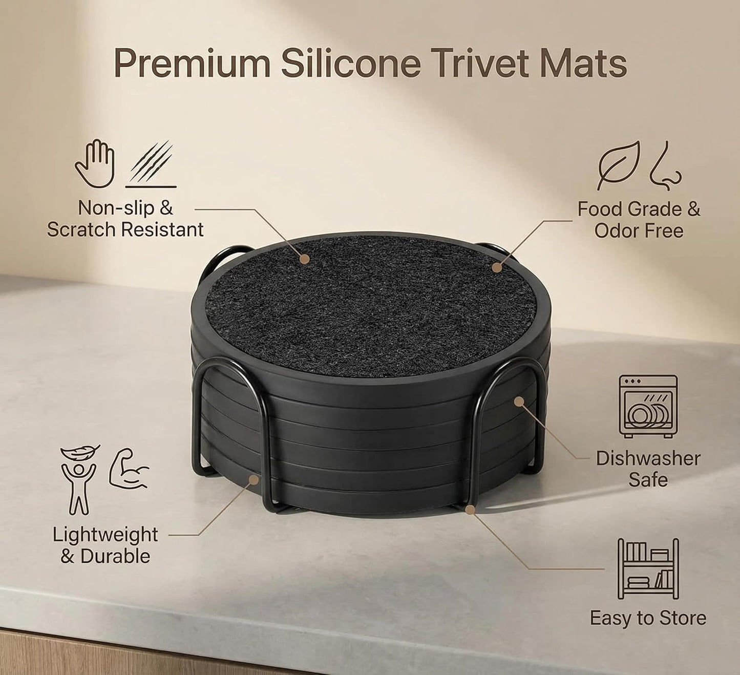 Holder / Soft Felt Insert / 4.3 Inch Coasters with 4.5 Inch Holder / Black