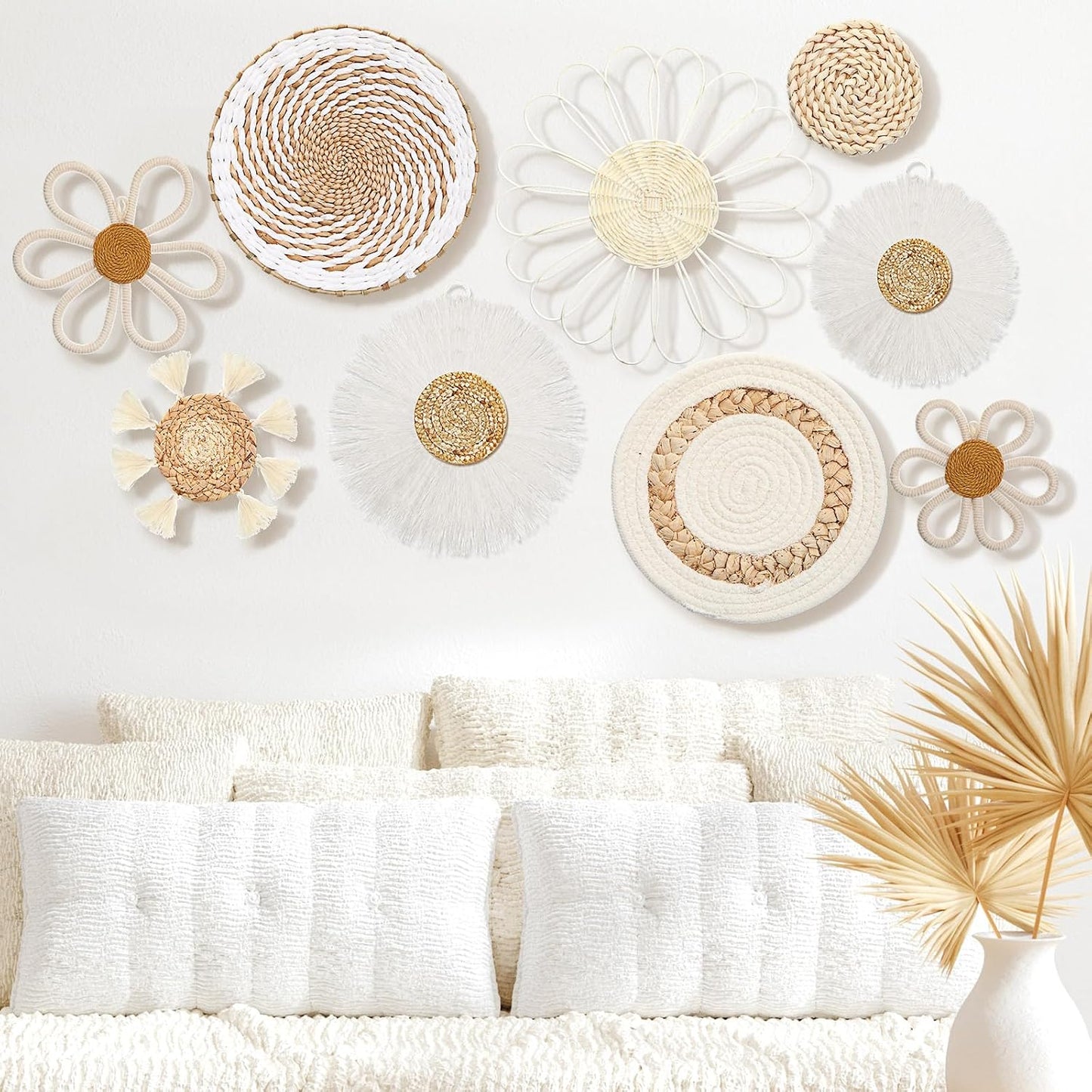 Boho Nursery Wall Decor Daisy Flower Woven Macrame Seagrass Rattan Basket Wall / White / Set of 9