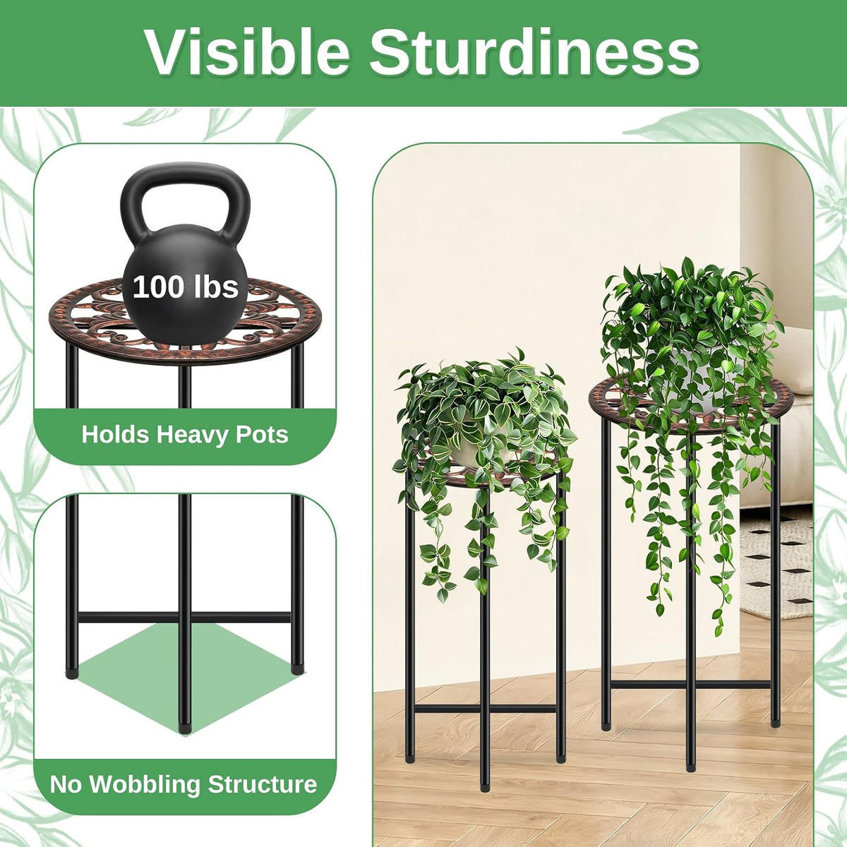 2 Pack Metal Plant Stands, Indoor & Outdoor Display Racks | Sizes 12.6"x26.7" & 11"x22.8", Sturdy Stable No Wobble, Fit