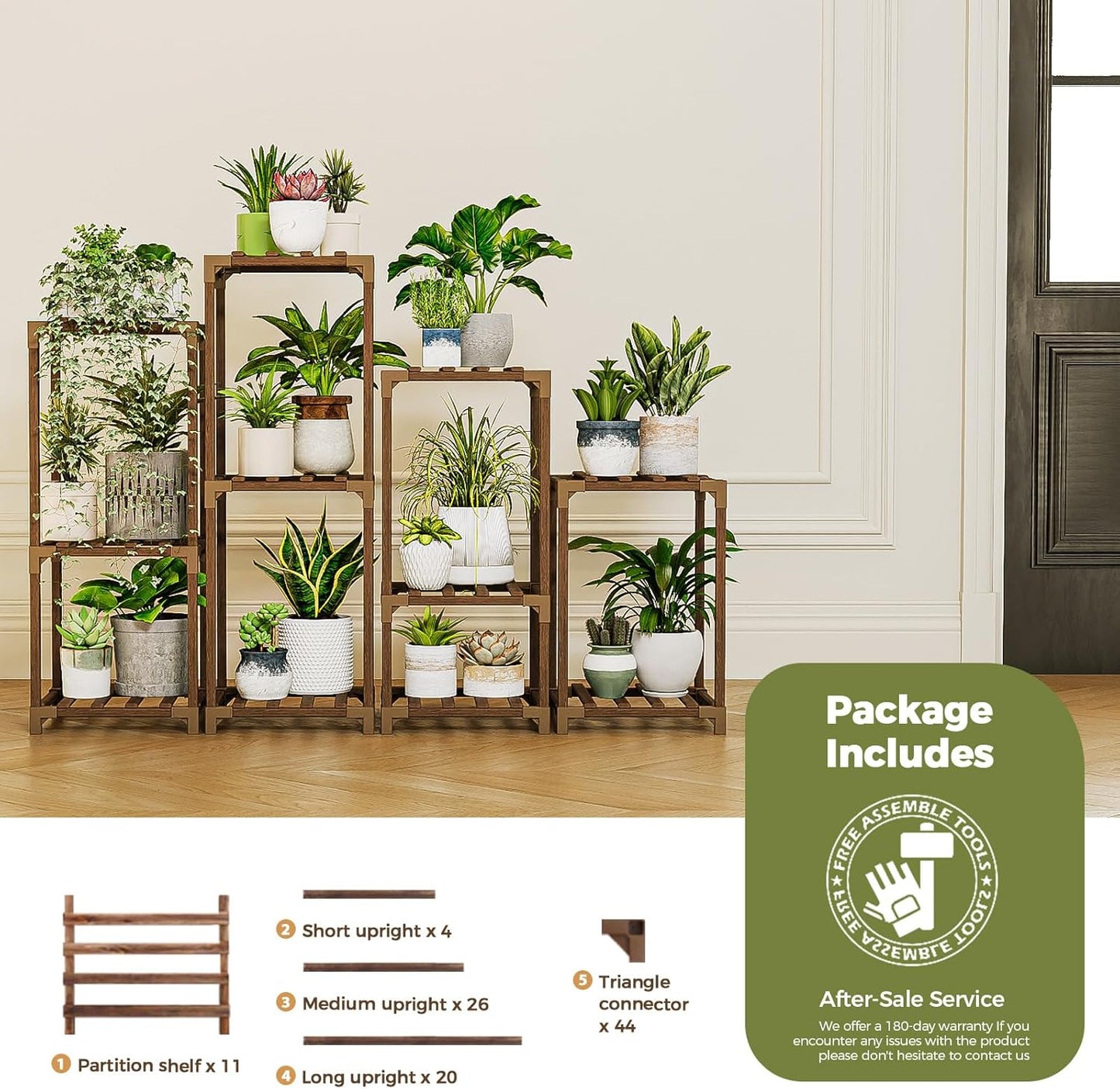 Bamworld Plant Stands Indoor 4 Sets Plant Shelves Outdoor | Wooden Plant Holder for Multiple Plants Flower Stands for