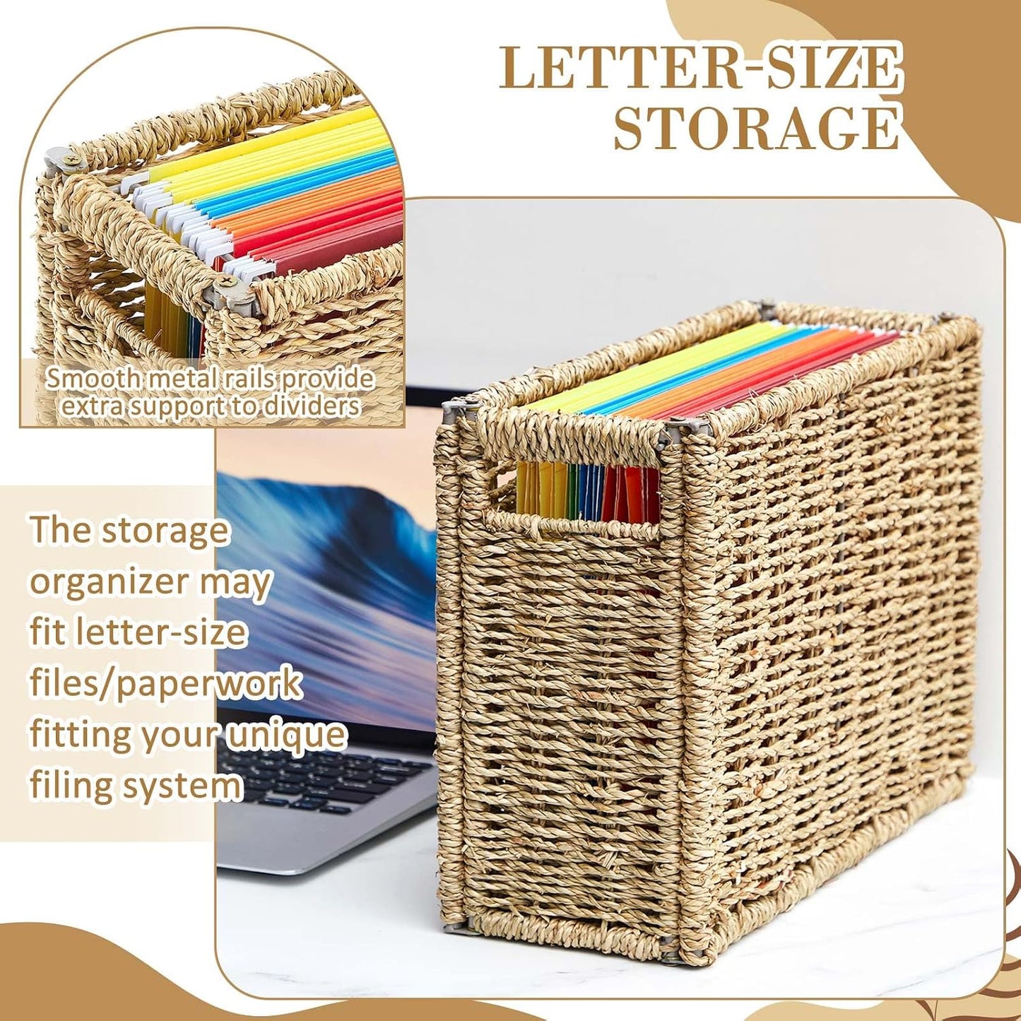 Hanging File Box Decorative File Basket Woven Document Organizer / Seagrass / 14.5 x 6 x 10.8