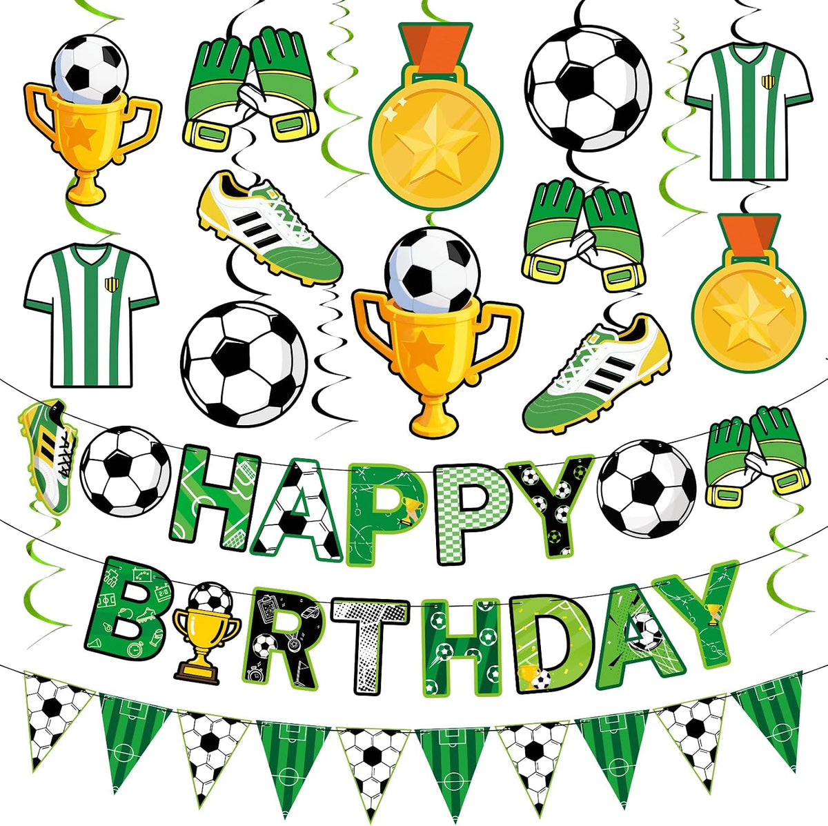 Soccer Party Decorations, 14Pcs Soccer Birthday Party Supplies Include Soccers Happy Birthday Banner Paper Garland Hanging Swirl for Boys Sports Birthdays Decor