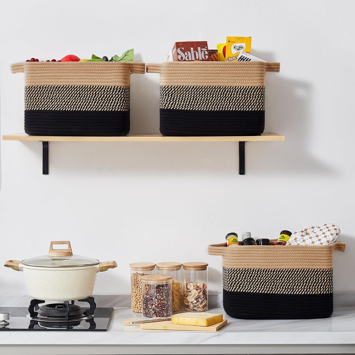 Woven Baskets for Storage / Black & Brown / 13 x 9.85 x 8.7