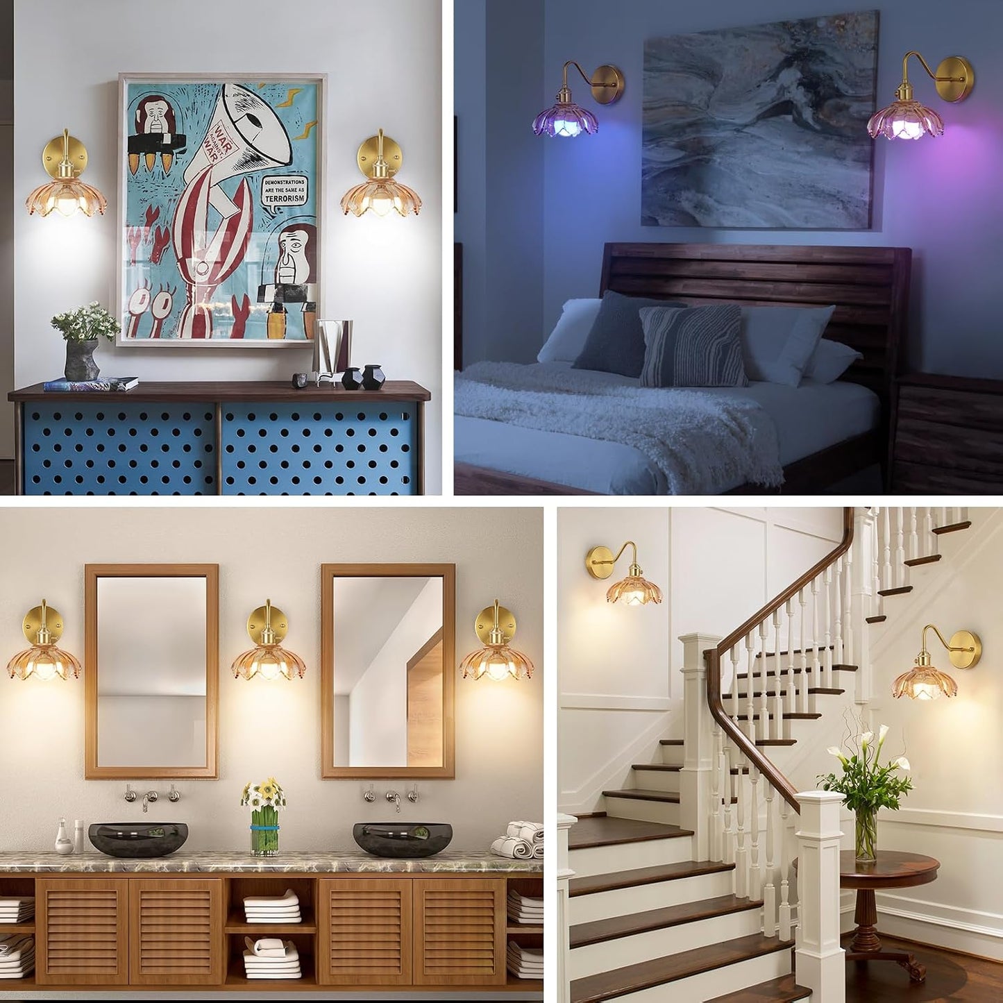 Vintage Glass Sconces, Battery Operated Wall Light with Remote, Rechargeable Wall Sconces RGB, No Socket Required, Easy