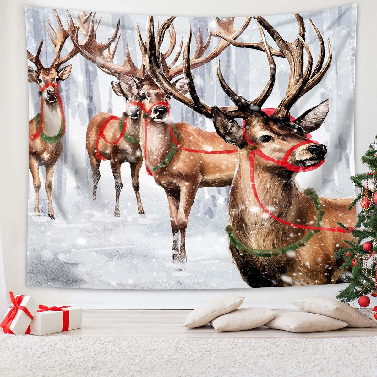 QGHOT Winter Tapestry Wall Hanging Winter Forest Backdrop Christmas Snowy Deer Wall Decor Snow Elk Tapestries for Bedroom Living Room Dorm Party Decoration, Large