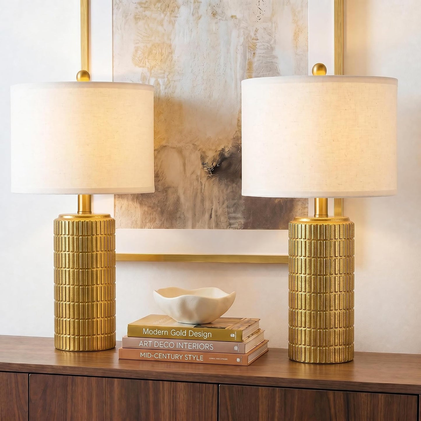 PoKat 23" Brass Gold Ceramic Table Lamps for Living Room, Retro Warm Gold Lamps for Night Stands, Vintage Bronze