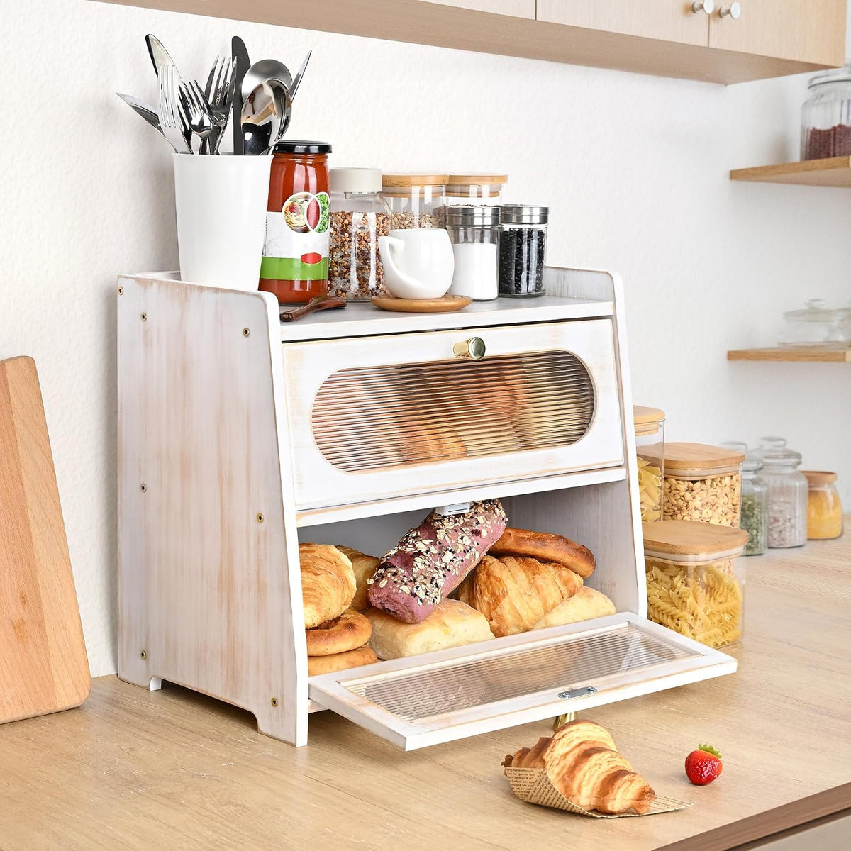 2-Tier White Bread Box for Kitchen Countertop with Window | Farmhouse Bread Storage Container, Large Pantry Organizers