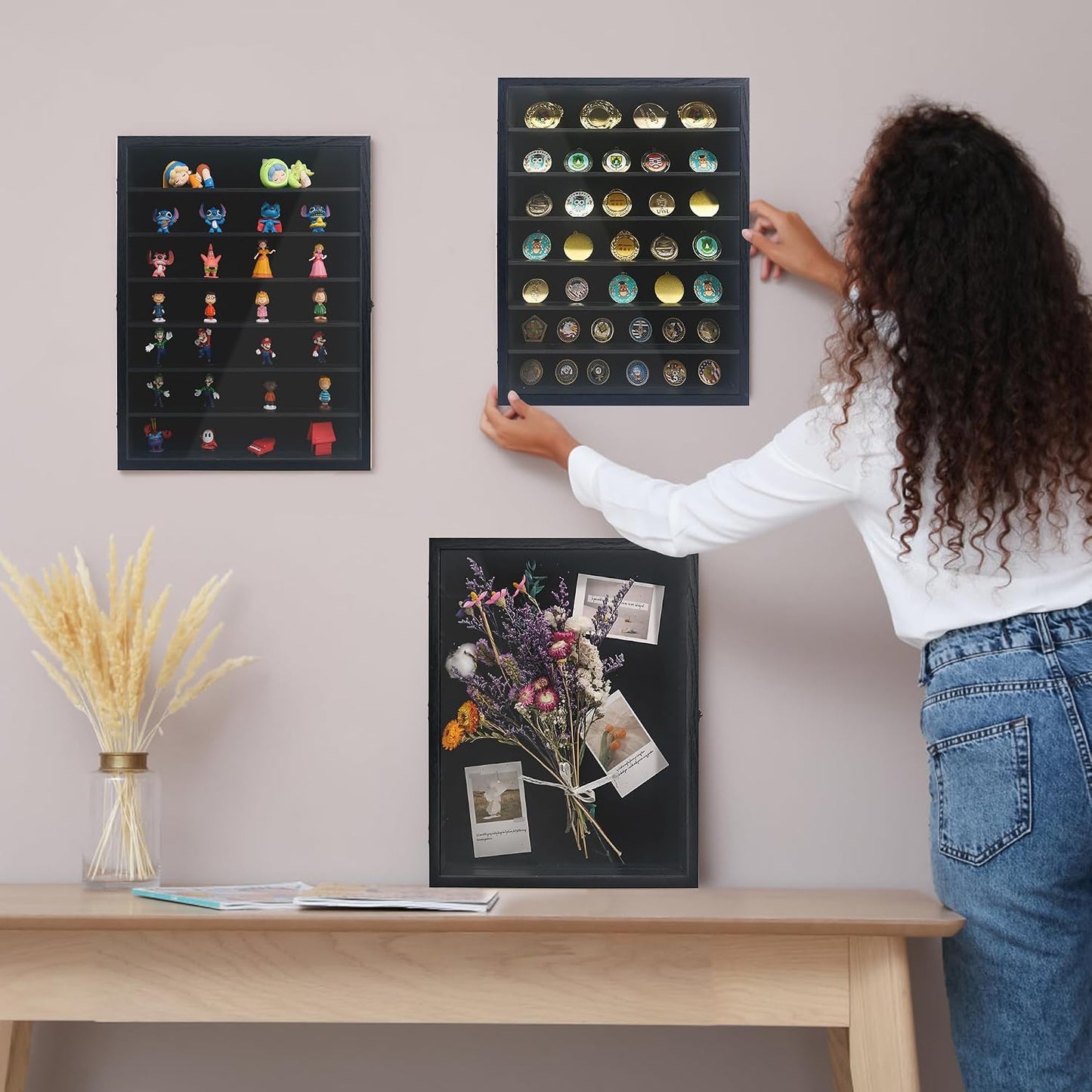 16x20 Wooden Shadow Box Frame with Removable Shelves Deep Display Case for Military Medals Keepsakes Black