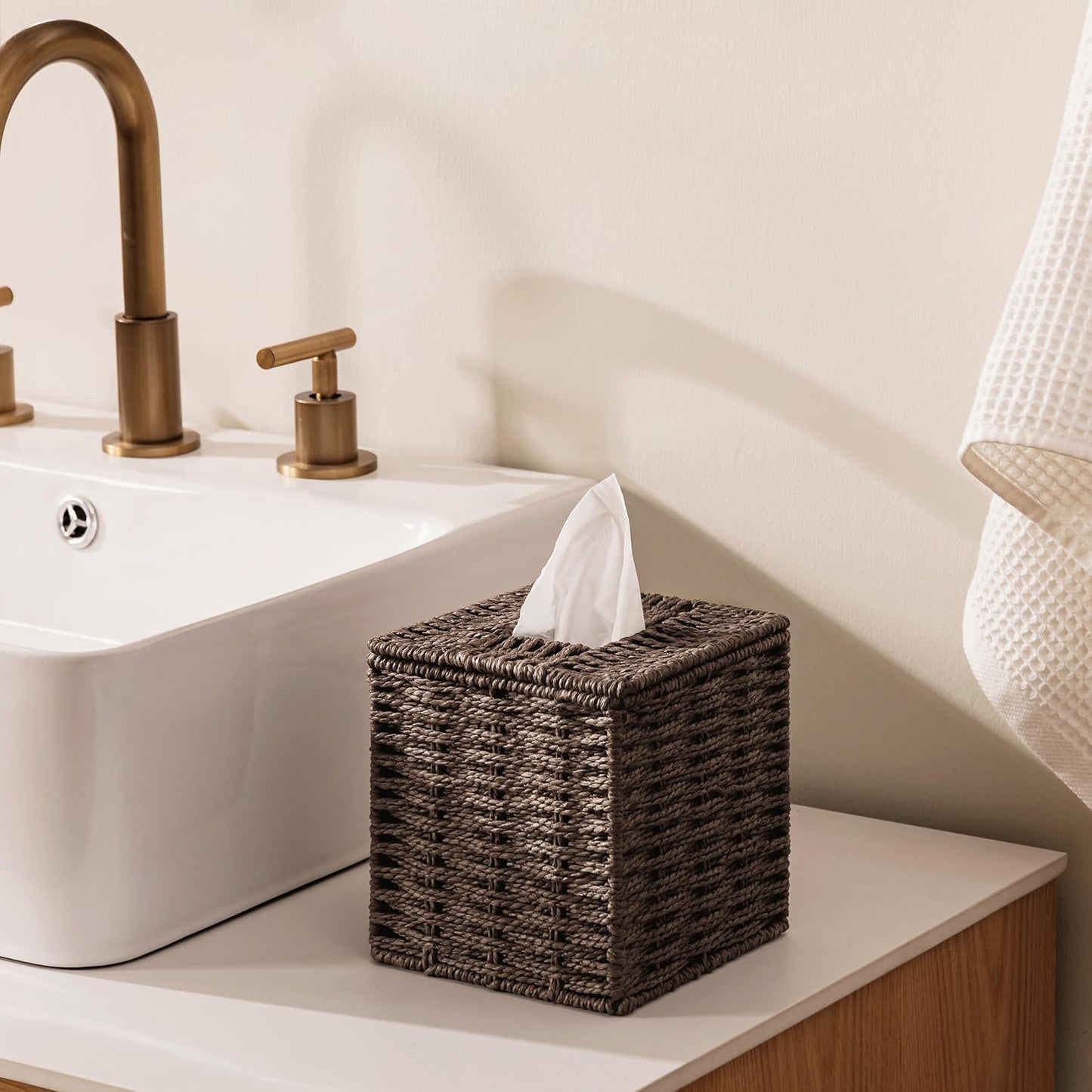 Paper Rope Hand Woven Square Tissue Box Holder / Dark Brown