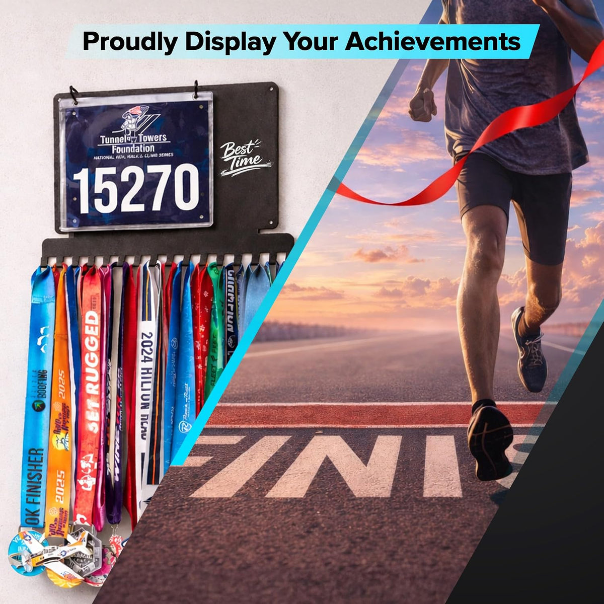 Running Medal Hanger Display with Race Bib Holder, Gift for Runners | Individual Hooks, Custom Write-On Board, Easy to