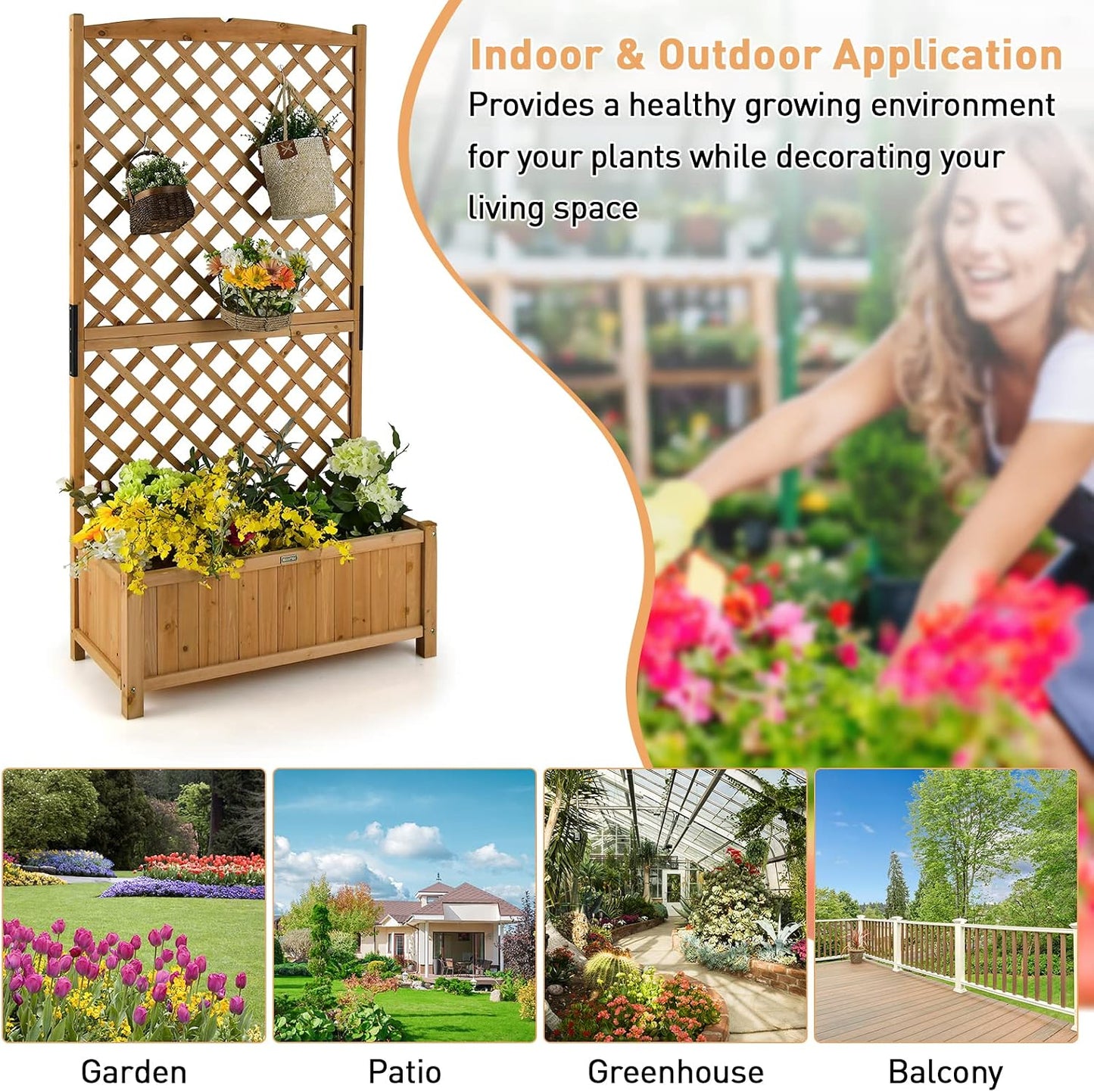 GIANTEX Planter Raised Bed with Trellis, 71" Wooden Garden Bed, High Trellis for Vine Plant Flower Climbing Pot