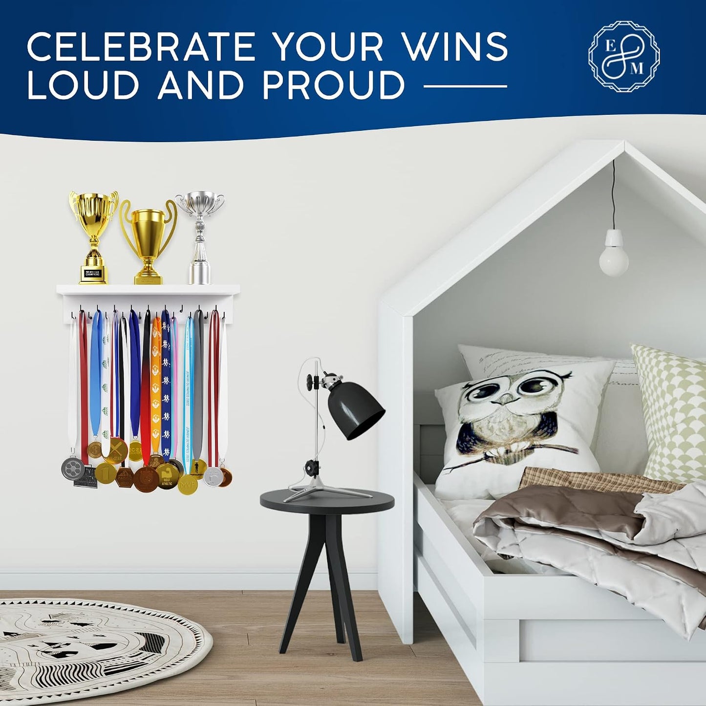 EVERMORE Medal Hanger Display and Trophy Shelf with Hooks - Wooden Medal Holder for Wall Mount Ribbon Display, Trophy