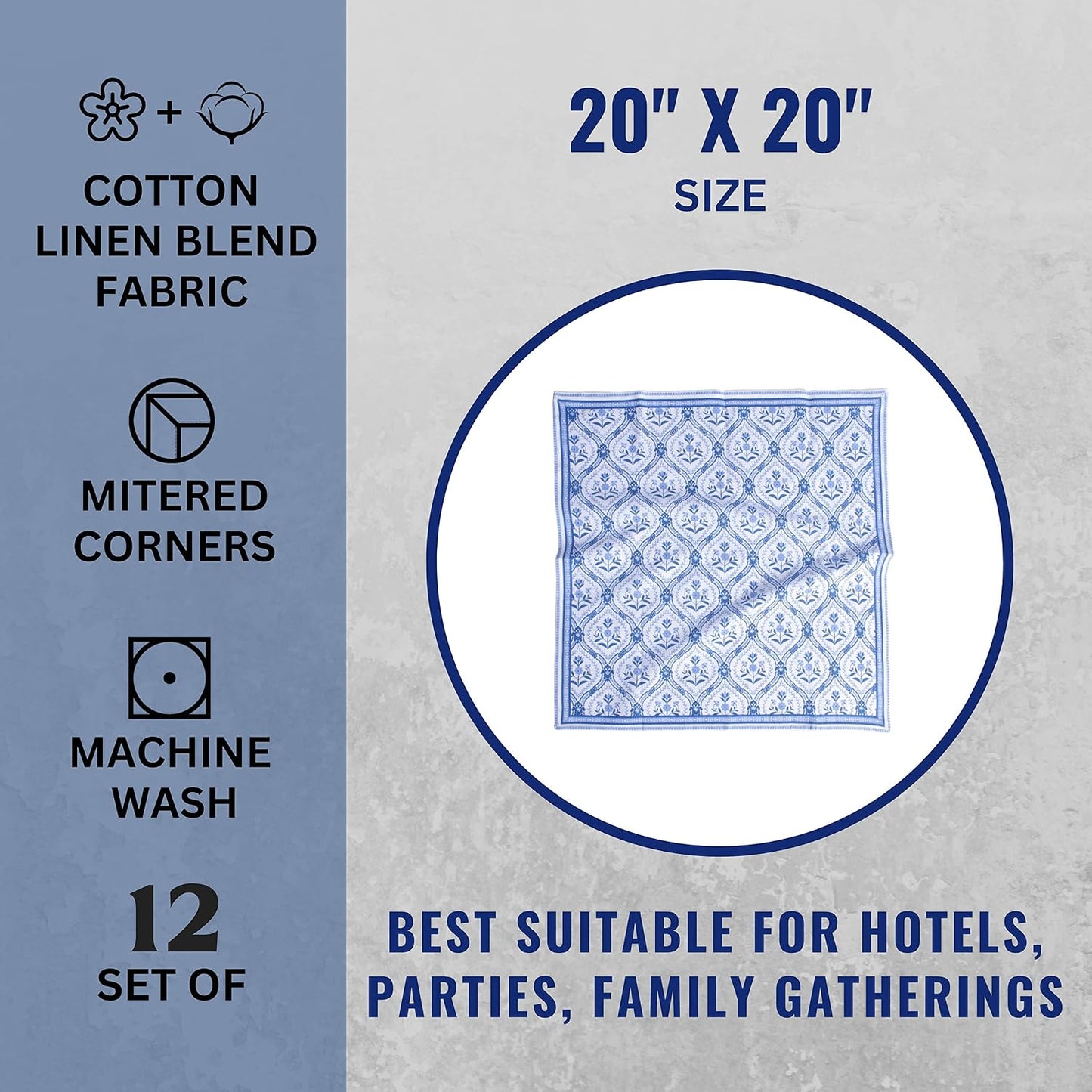 FINGERCRAFT Cloth Napkins Set of 12 Cotton Linen, 20x20 Inch, Damask Blue | Mitered corner, washable, soft, absorbent
