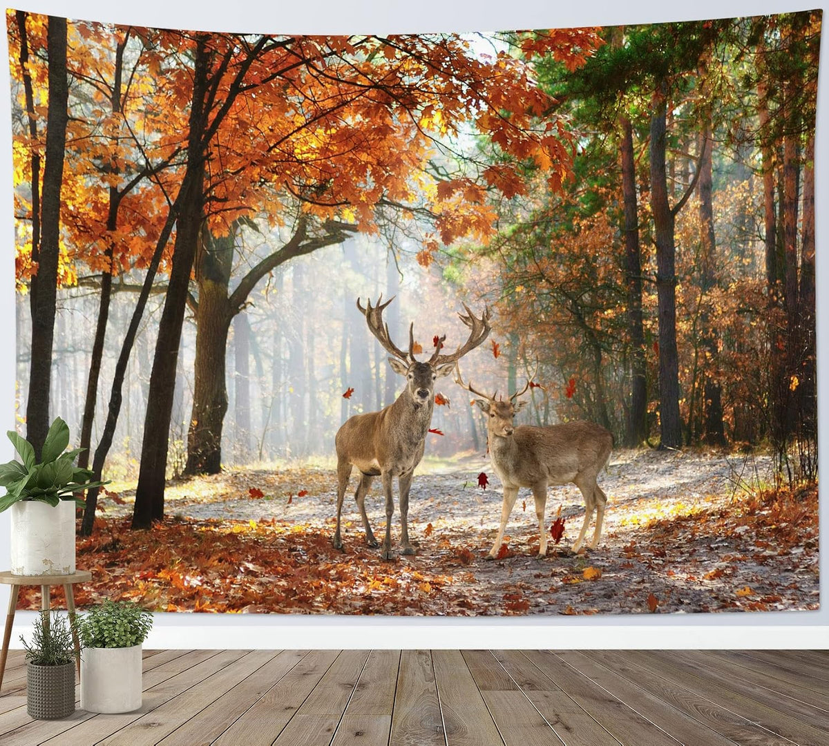 HVEST Fall Tapestry Deer in Orange Maple Tree Forest Wall Art for Bedroom Autumn Nature Landscape Wall Hanging Blanket Holiday Tapestry for Living Room Dorm Wall Decor, 60W X 40L inches