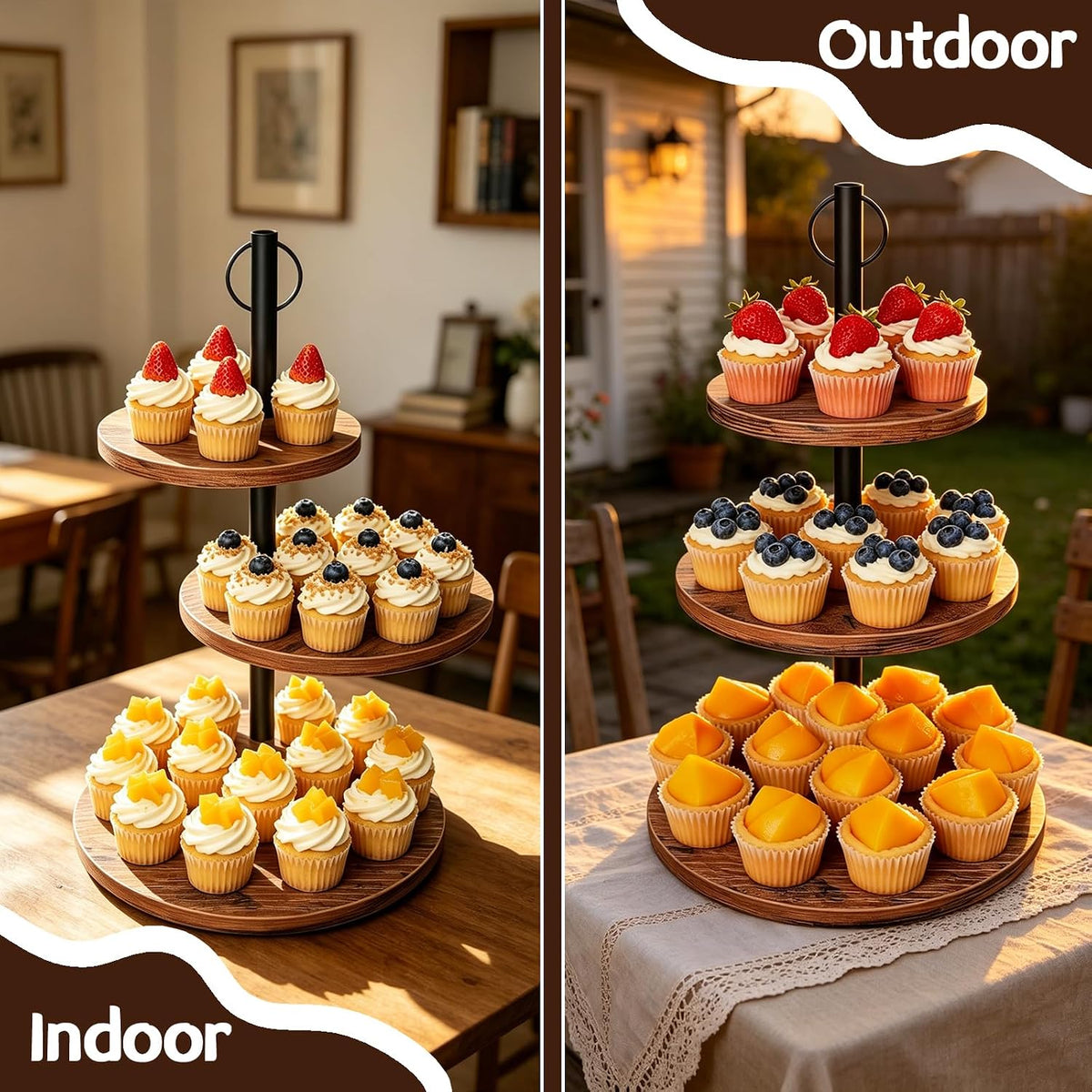 Cupcake Stand, Rustic Wood 3 Tier Cake Stand, Dessert Table Display | Round Cake Stand Display, Wooden Tiered Cupcake