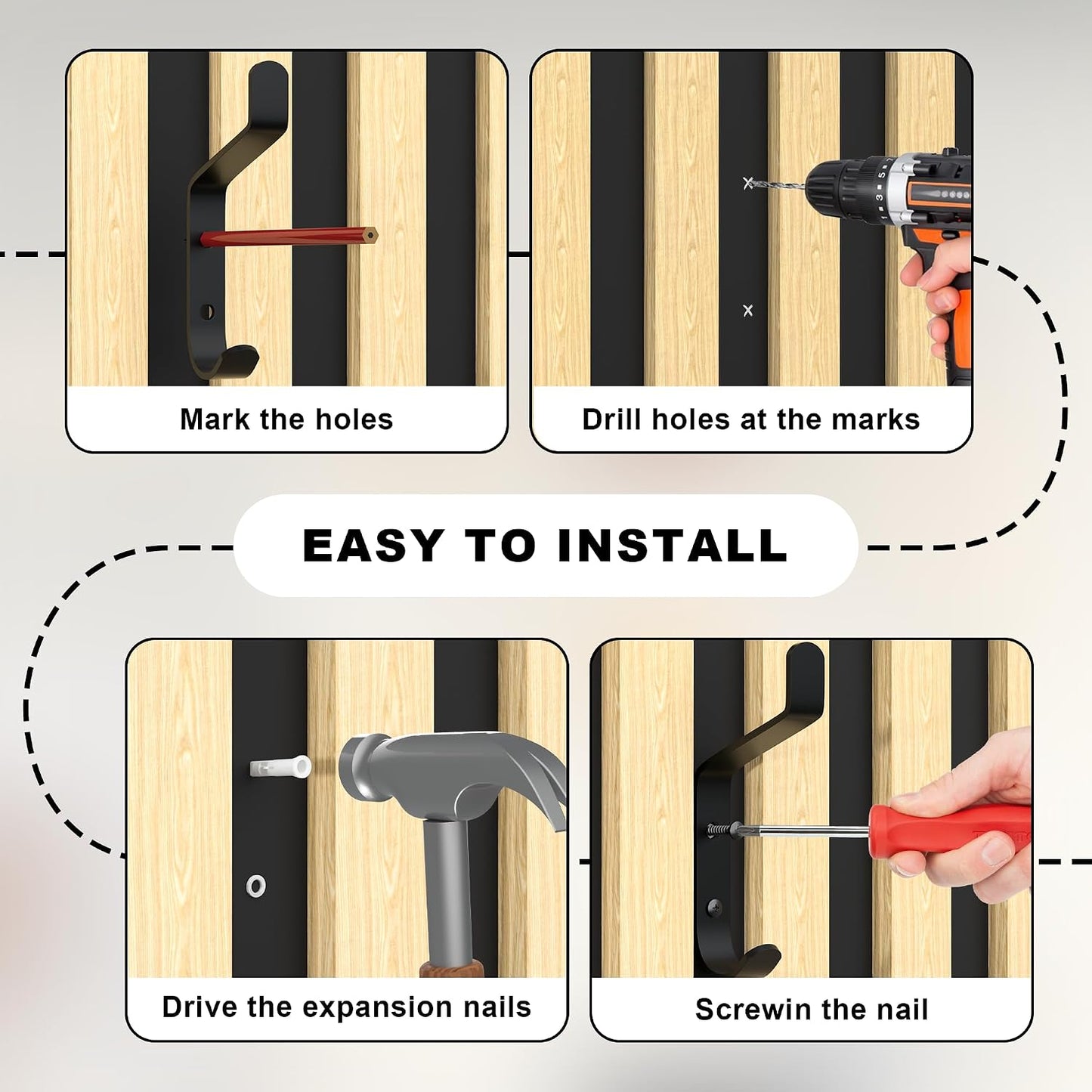 Decorative Wall Hooks Screw in Sound Panel and Wood Slats / Black / 0.5 Inch / Set of 10