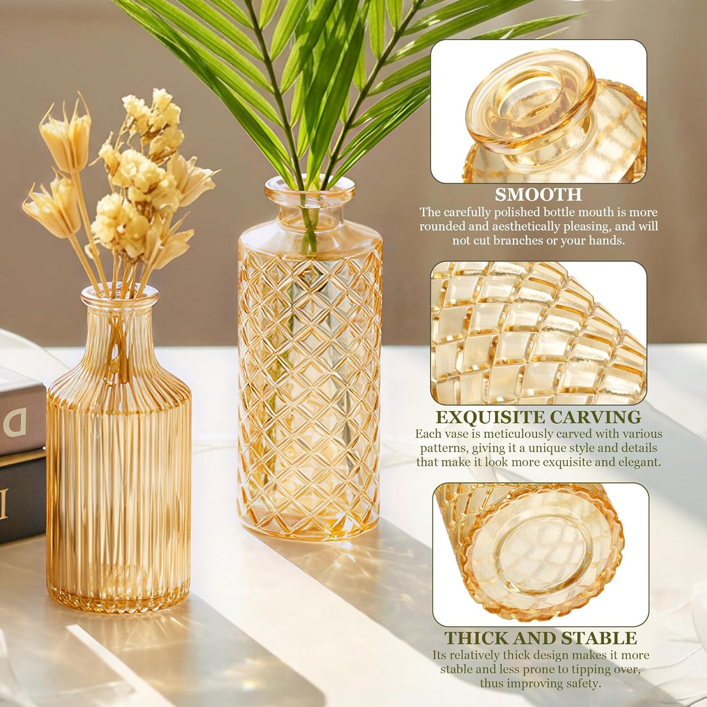 Small Vintage Glass Clear Bud Flower Vases Bulk Multiple Shape Mini Glass Bottles / Gold / Set of 12