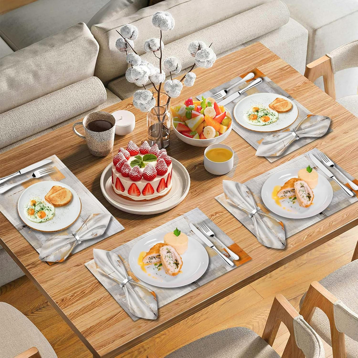 Mcalk 4 Each Orange Placemats and Cloth Napkins Set of 8, Modern Art Placemat, Abstract Grey Cloth Napkin for Home