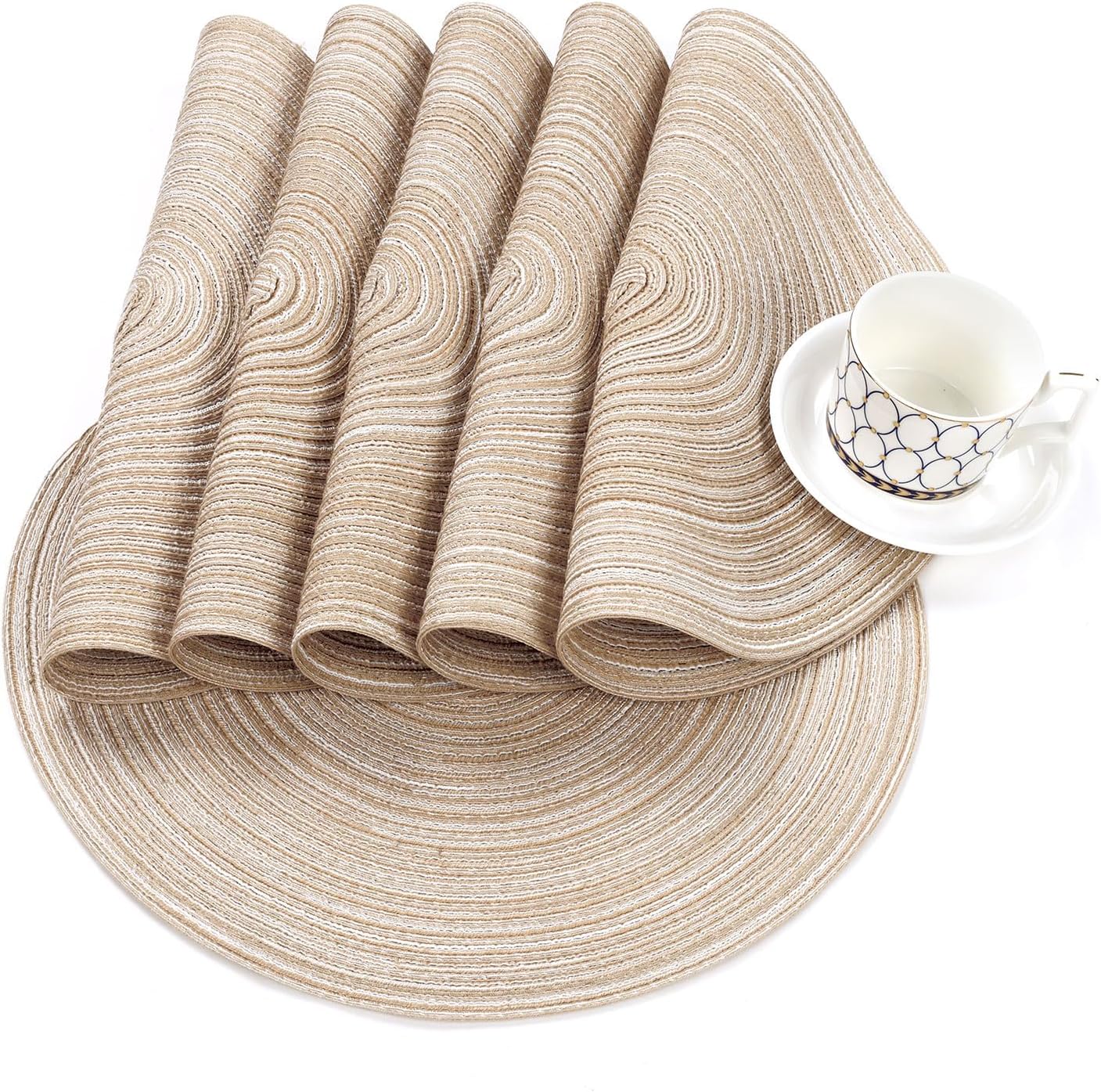 SHACOS Round Braided Placemats Set of 8 Cotton Fabric Round Table Mats Non Slip Washable 15 inch Round Place Mats Home