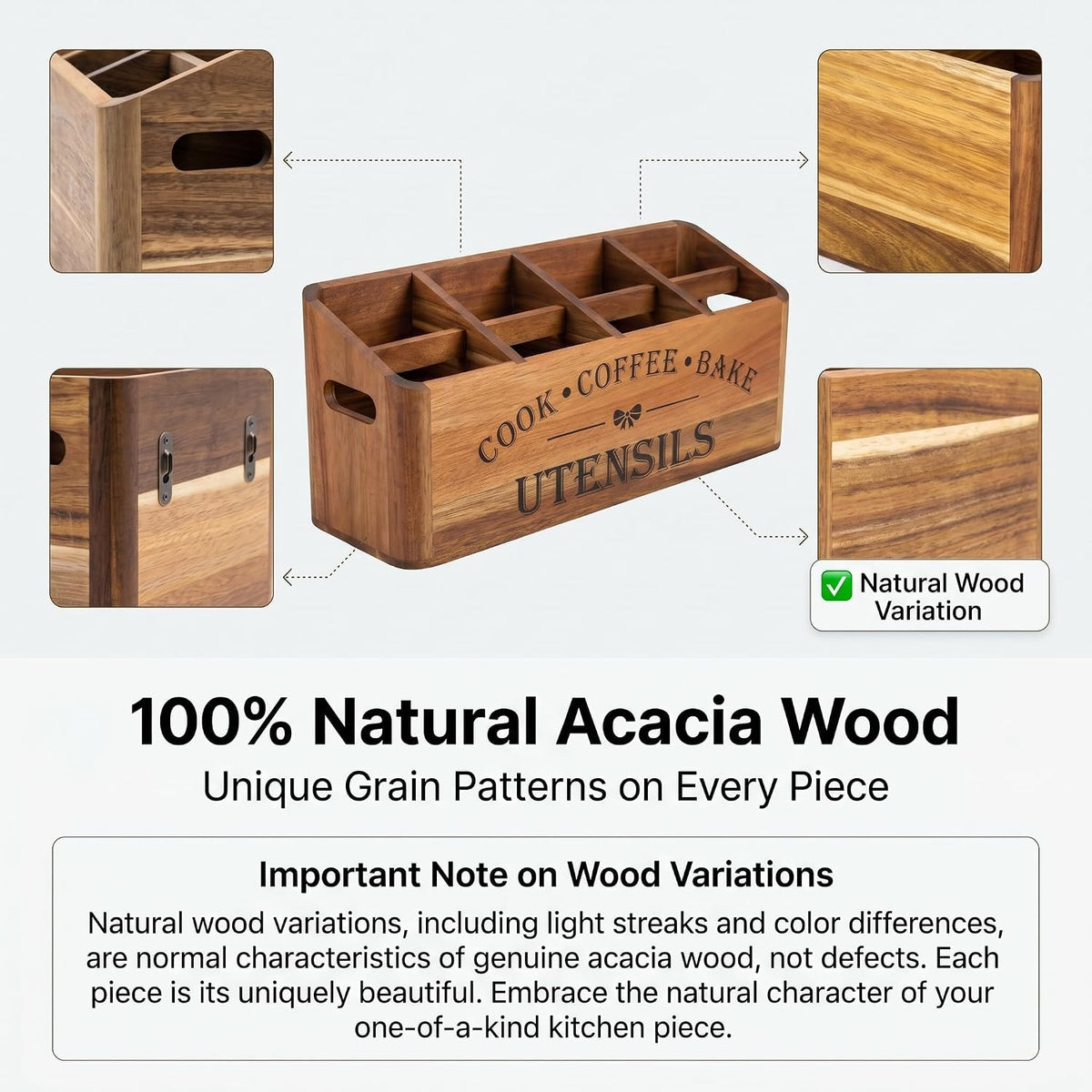 Acacia Wood Utensil Holder, 4 Compartments, Countertop or Wall | Extra-large acacia wood holder with ventilation holes