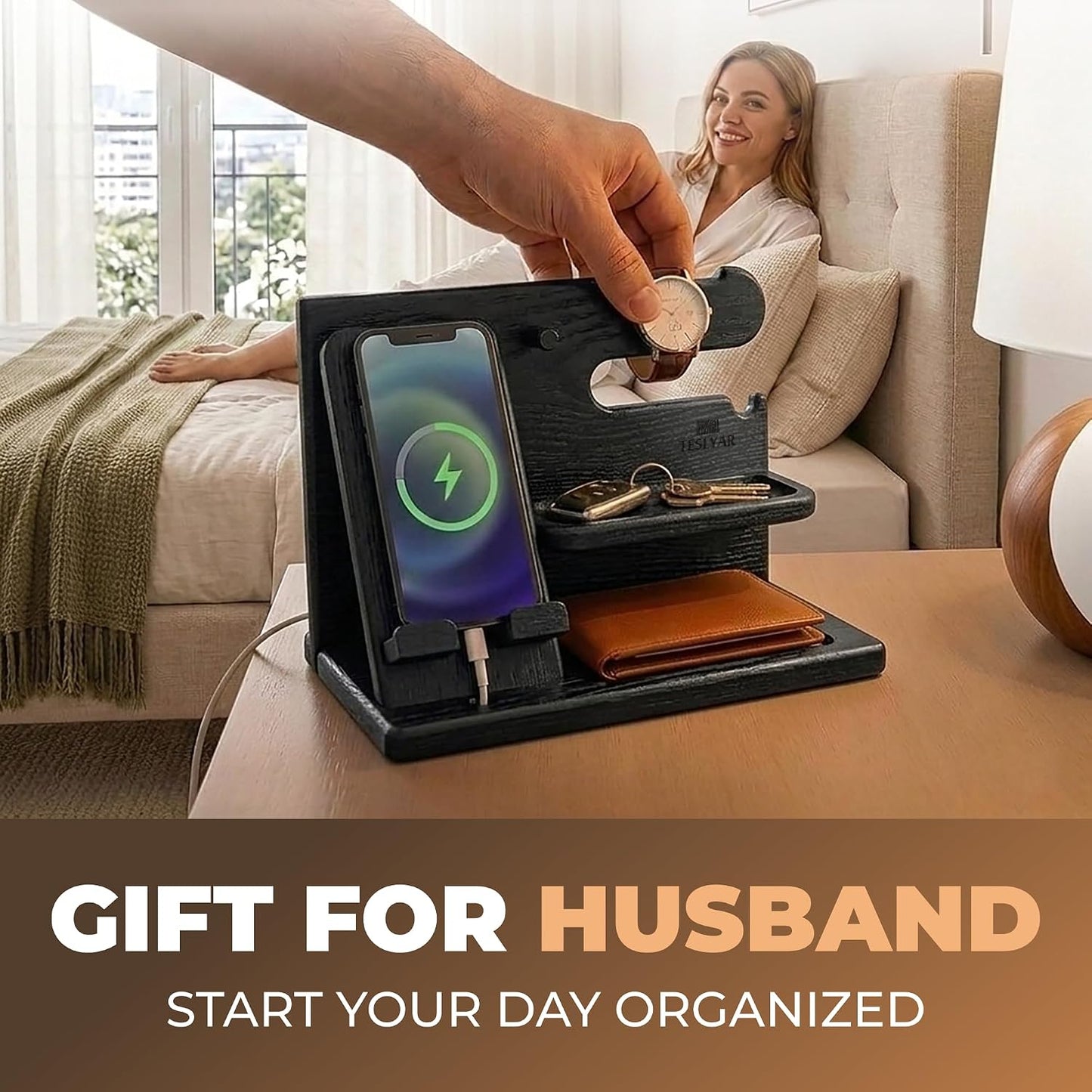 TESLYAR Wood Phone Docking Station for Men - Desk or Nightstand Organizer - Birthday Gifts for Husband, Dad