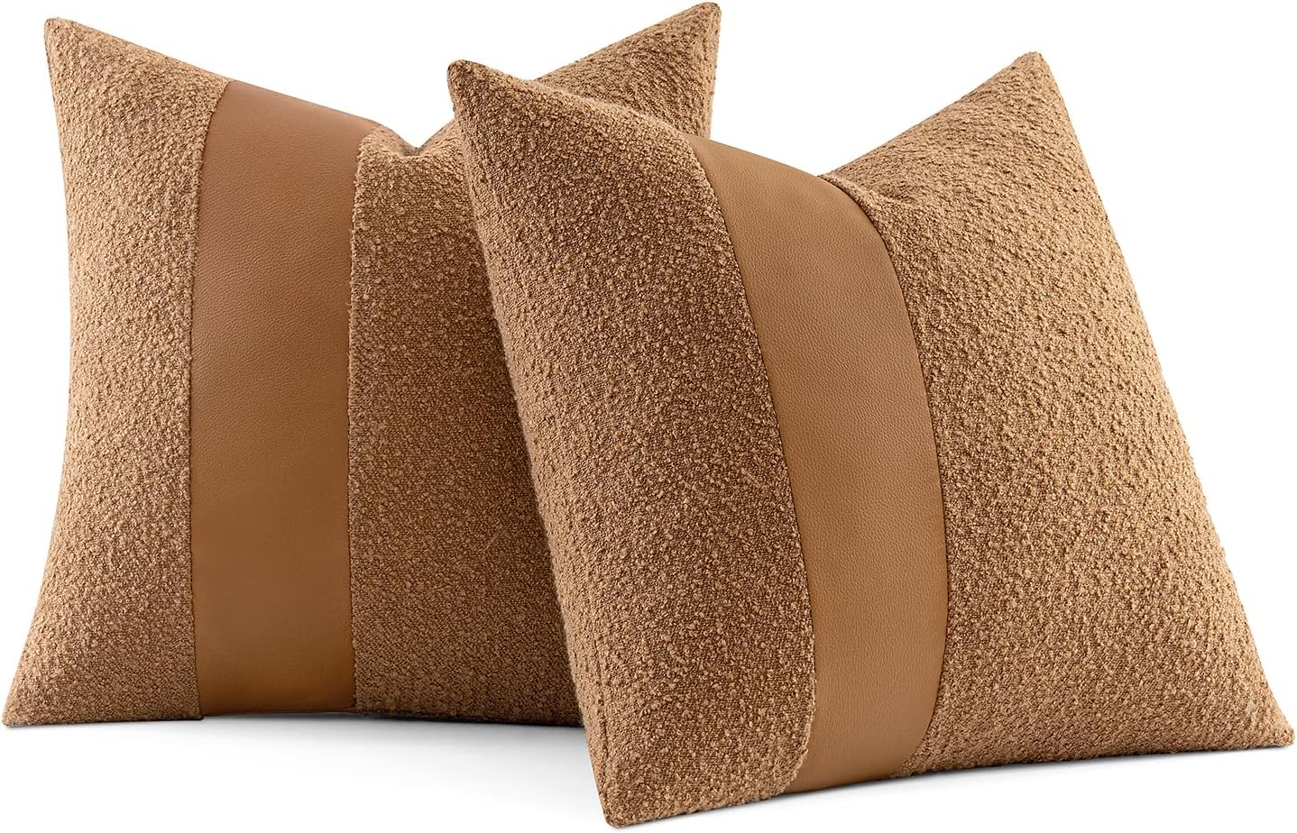 Boucle Throw Pillow Covers Faux Leather Textured Decorative Pillow / 18 x 18 / Brown / Set of 2