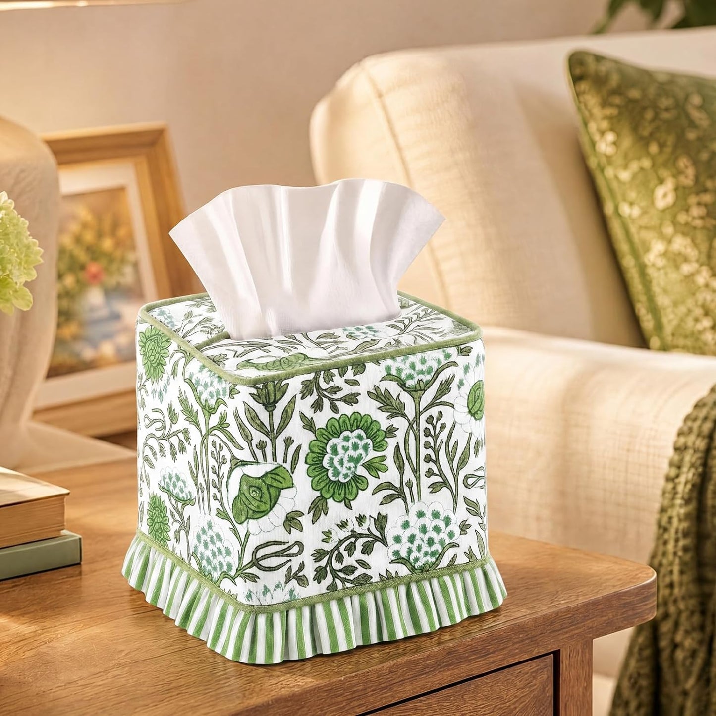 Agate Hand Block Printed Cotton Tissue Box Cover Decorative Square Boho / Floral Ruffle / Green