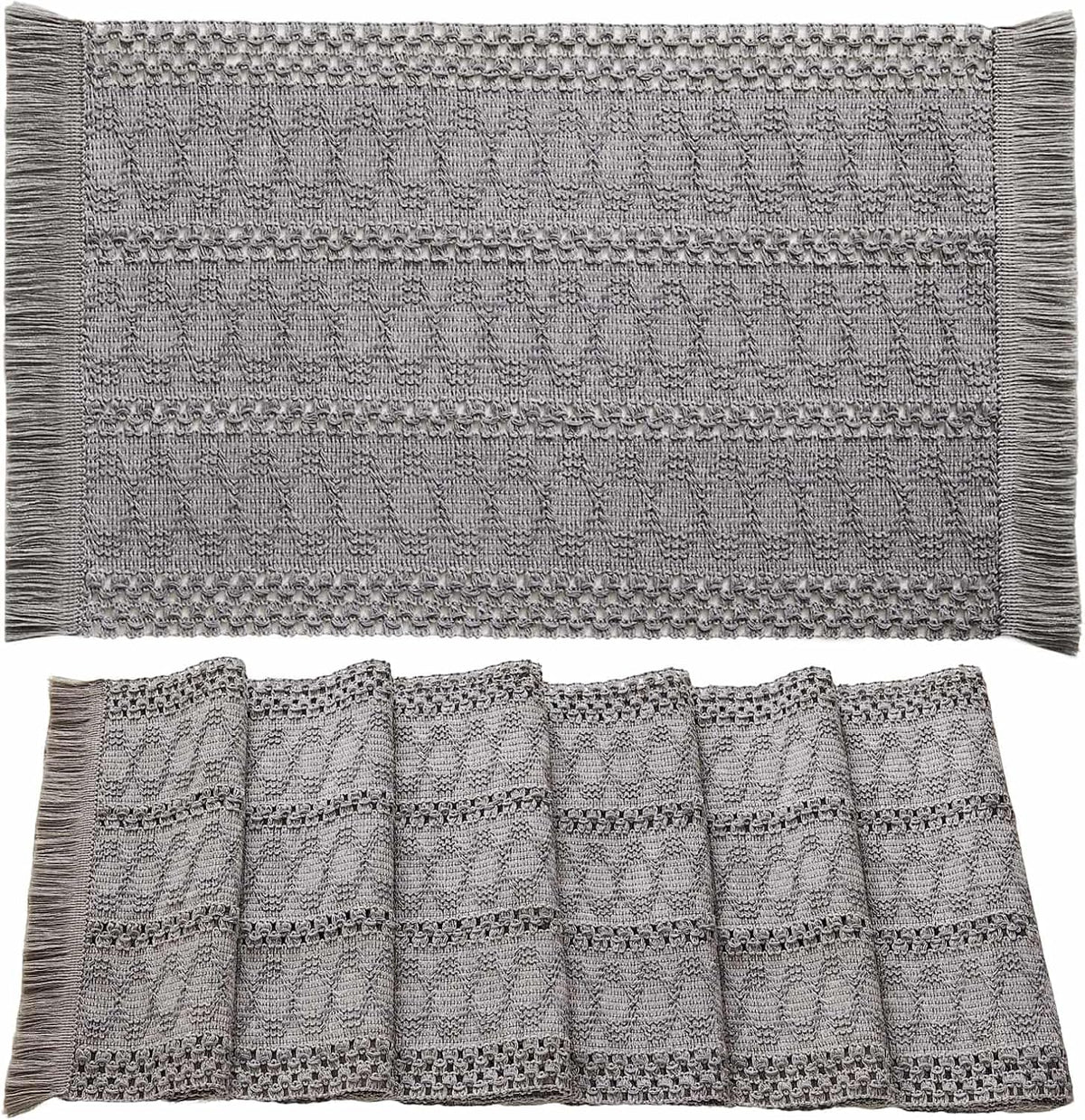 Macrame Style Boho Placemats Set of 6, Grey 12x20 Inch | Decorative Farmhouse Table Mats, Natural Cotton Woven Place
