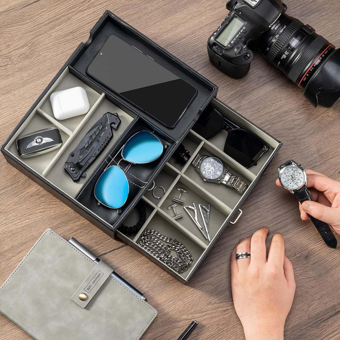 ProCase 2 Layers Valet Tray Gift for Men, Nightstand Organizer EDC Dump Catchall Trays with Phone Charging Station