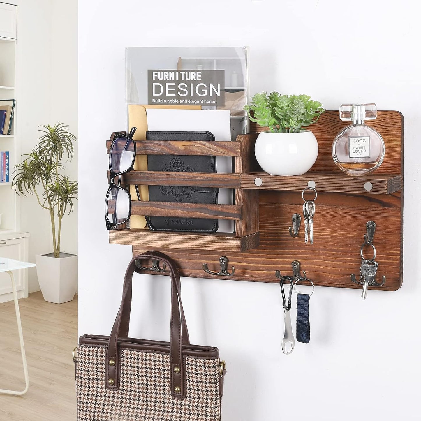 Easy Install Natural Wooden Key and Mail Holder / Brown