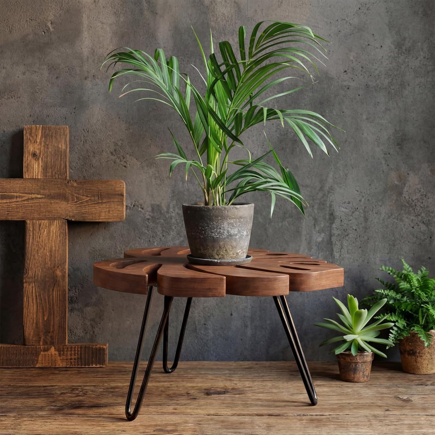 Monstera Leaf Short Plant Stand Small Wooden Plant Stool Stand Risers Pedestal Display Decorative