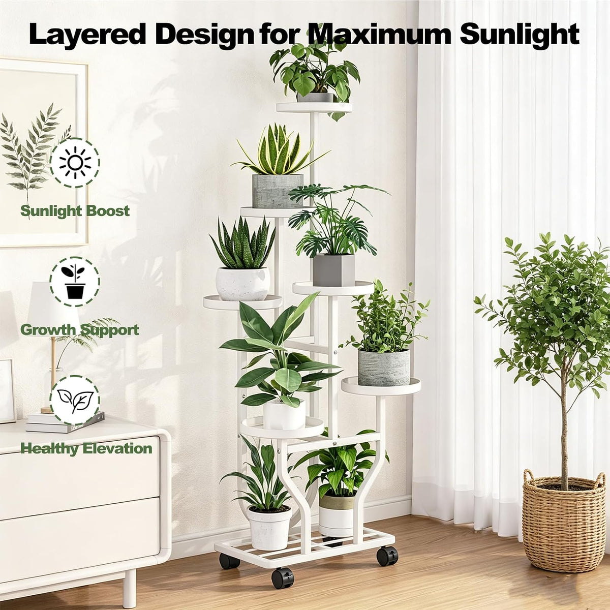 Plant Stand with Wheels, White 6 Tier Metal Plant Shelf for Indoor Outdoor | Corner Plants Stand Indoor for Bedroom