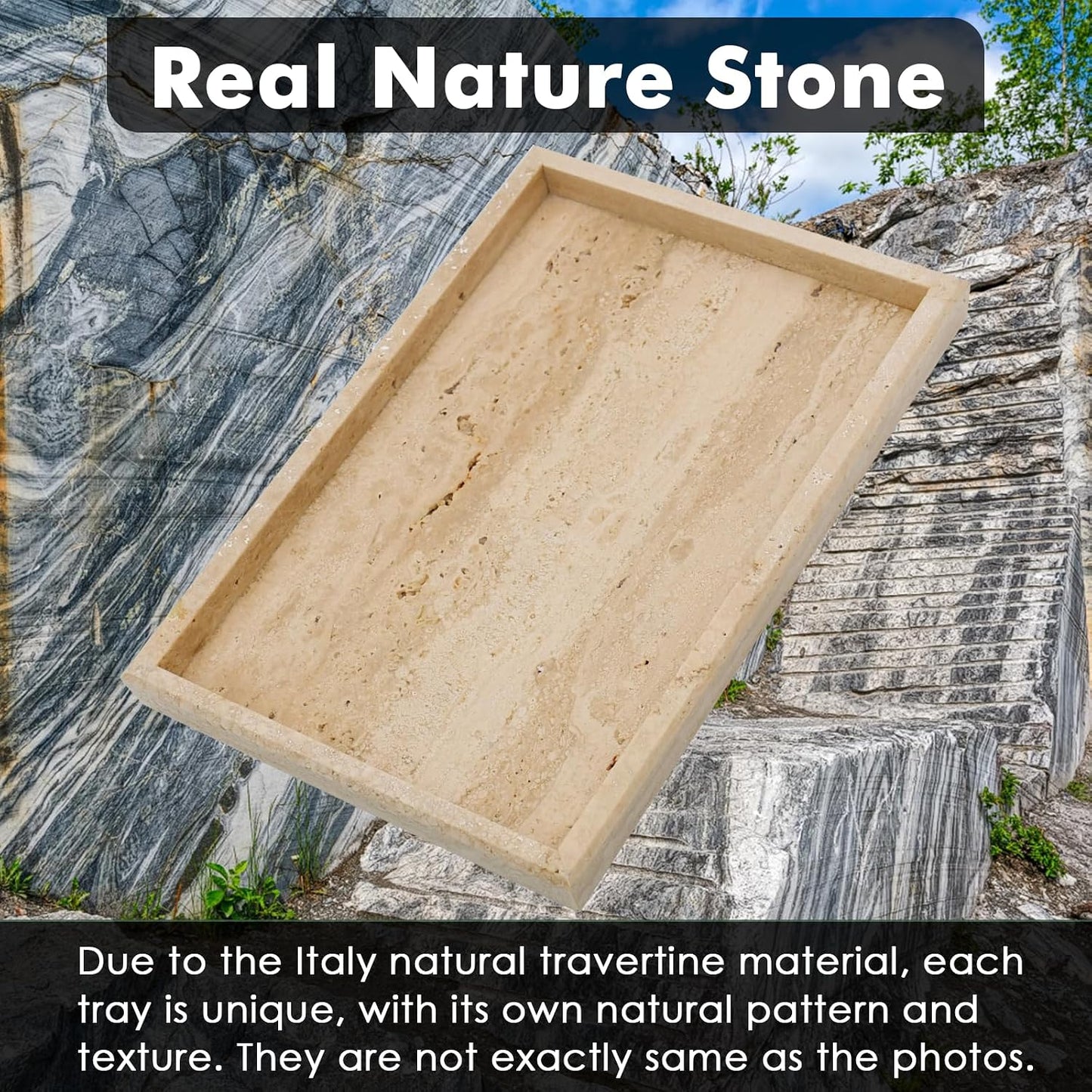 Real Tray / Rectangle Genuine Stone Tray / Travertine / 12 x 8 x 1.2 / Natural