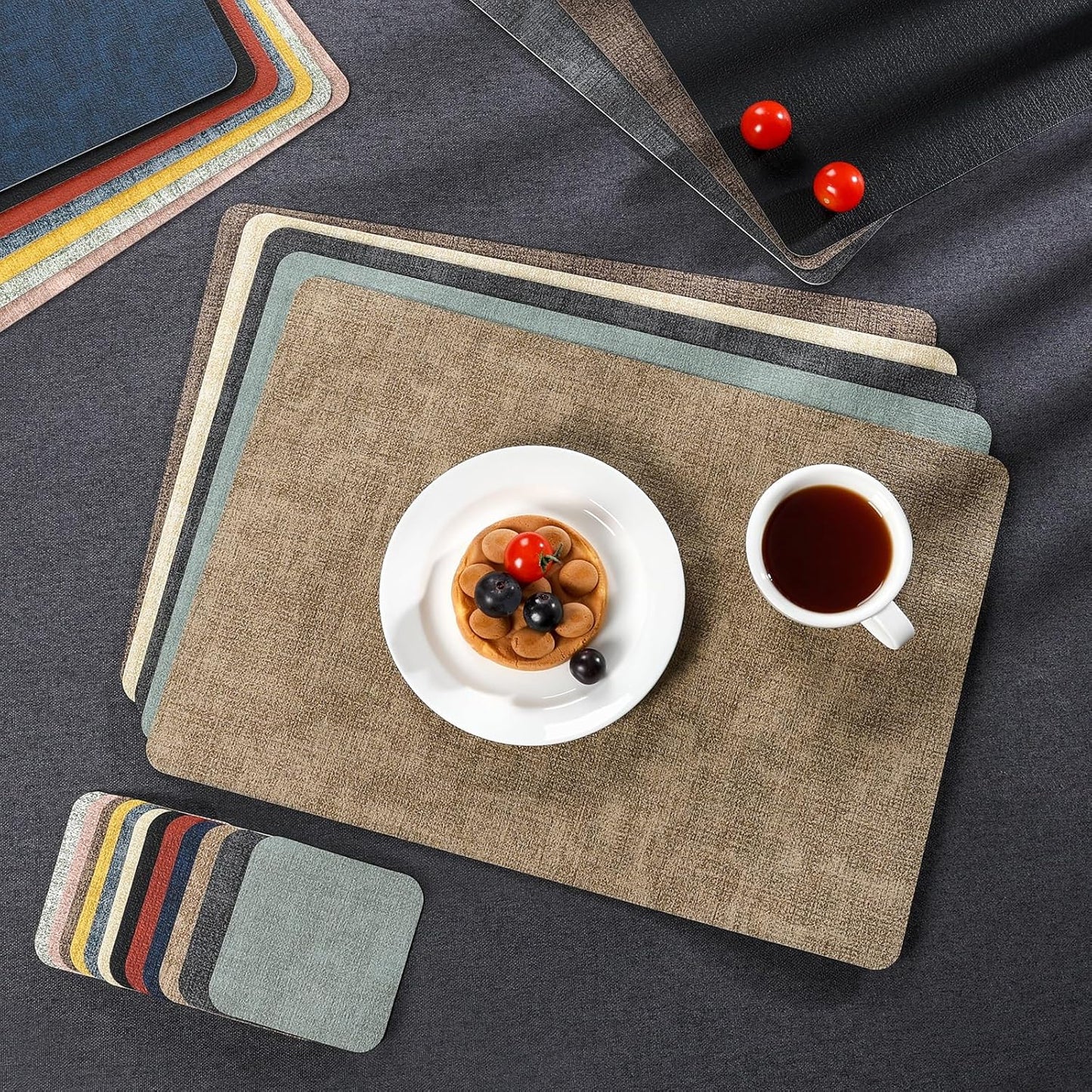 Myir JUN Faux Leather Placemats Set of 6, Dual Sided Waterproof Place Mats | Heat Resistant Wipeable Vinyl Table Mat