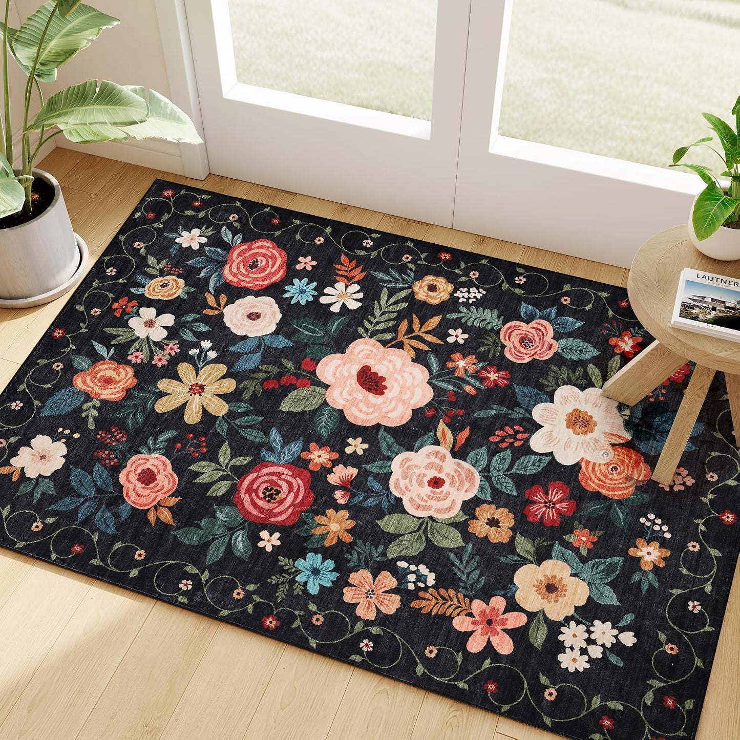 PLHXFR 10x12 Area Rug Living Room: Abstract Washable Carpet Black Gold