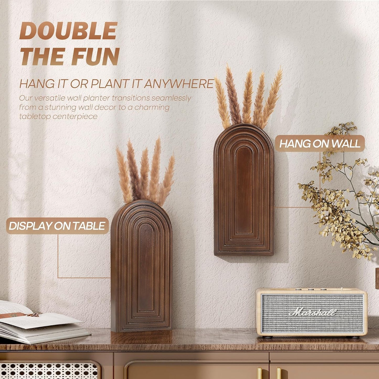 Pine Wood Wall Vases / Brown / Set of 2