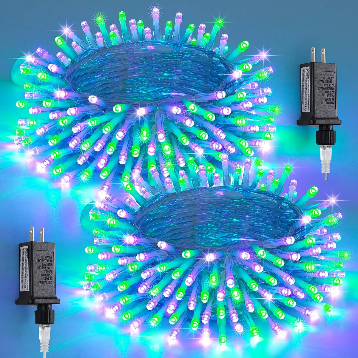 JMEXSUSS 2 Pack Purple and Green Halloween Lights, Total 200 LED 8 Modes Halloween String Lights Plug in, Each 33ft Connectable Christmas Lights Indoor Outdoor for Tree Porch Fireplace Decor