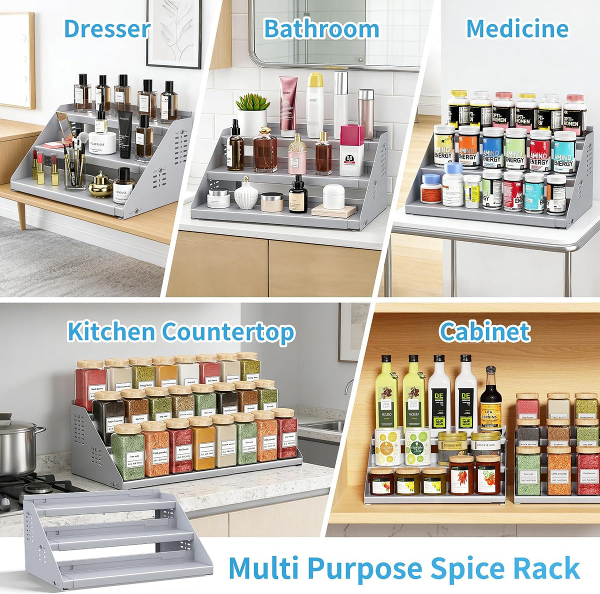 BOIVSHI 3 Tier Expandable Spice Organization for Cabinet, Gray | Height Adjustable Spice Rack for Countertop, Metal