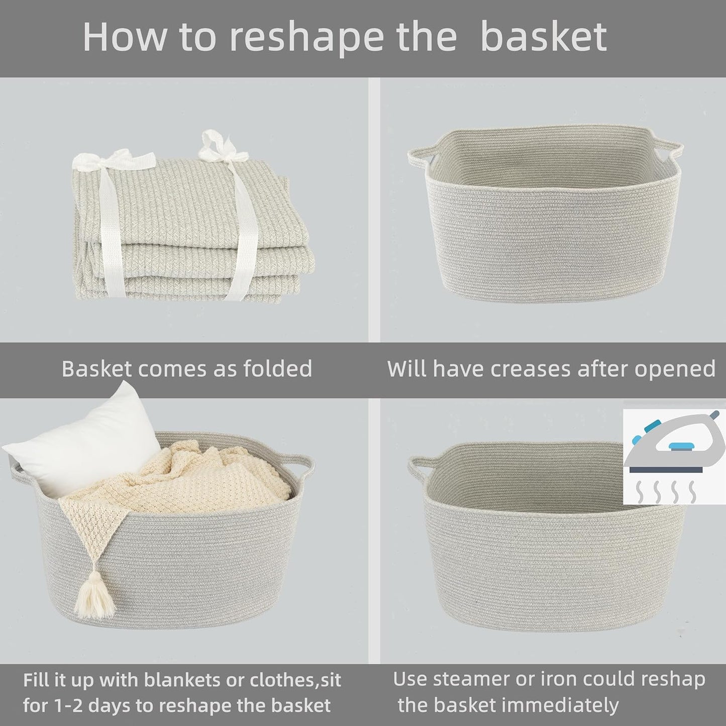 Large Rectangle Blankets Basket Living Room " Woven Cotton Rope Storage / Grey / 22 x 17 x 12