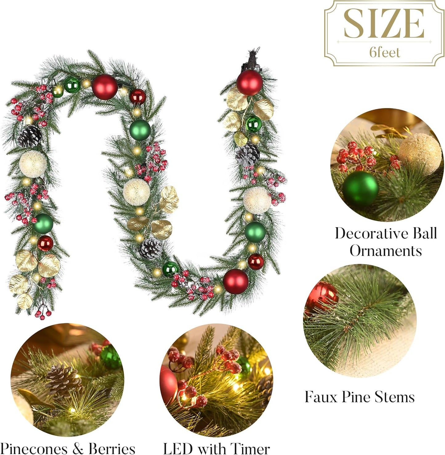 Valery Madelyn 9 Ft Pre-Lit Christmas Garland with Light for Mantle, Lighted Outdoor Xmas Garland with Red Green Gold