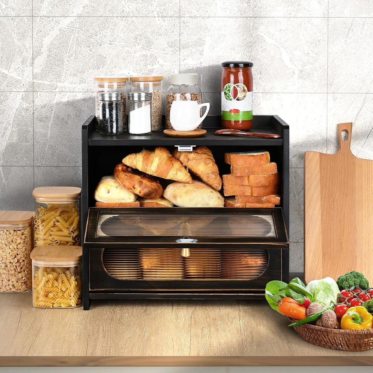 2-Tier Black Bread Box for Kitchen Countertop with Window | Farmhouse Bread Storage Container, Large Pantry Organizers
