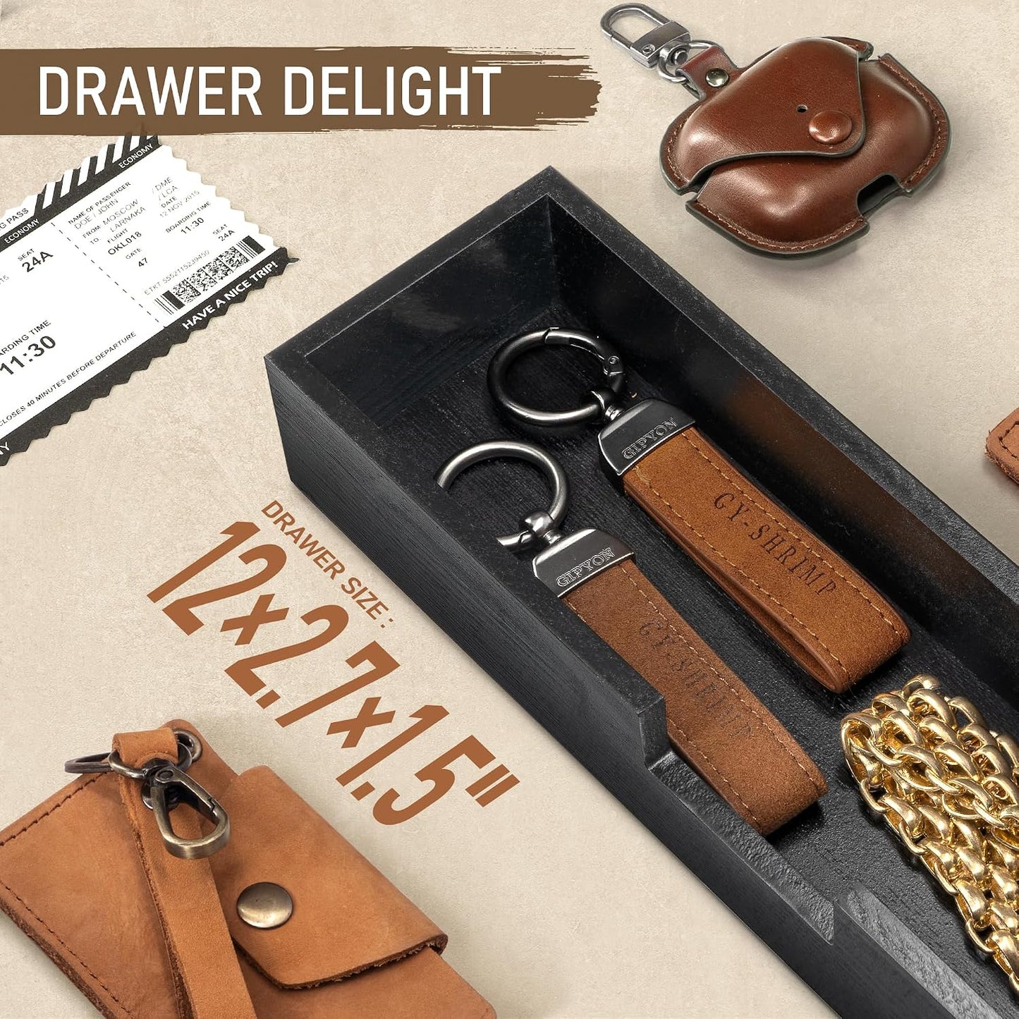 Pine Wood Key Holder Wall Mount / Brown & Black / 1-drawer