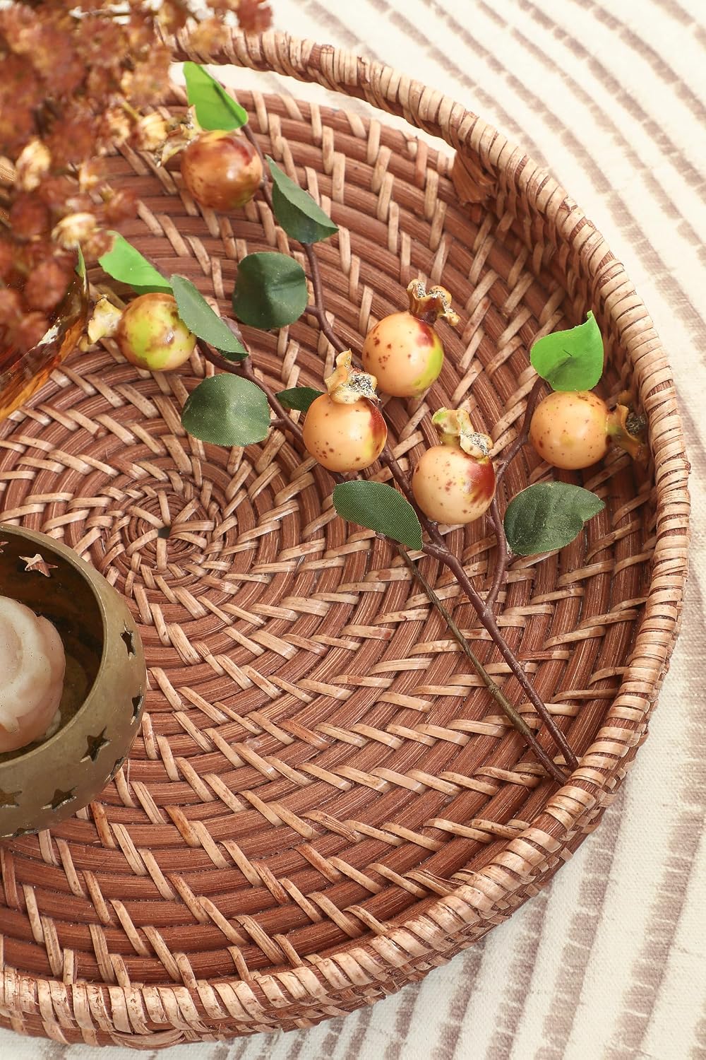 11.8" Hand-Woven Round Rattan Serving Tray Decorative Wicker Trays / Medium / Honey Brown