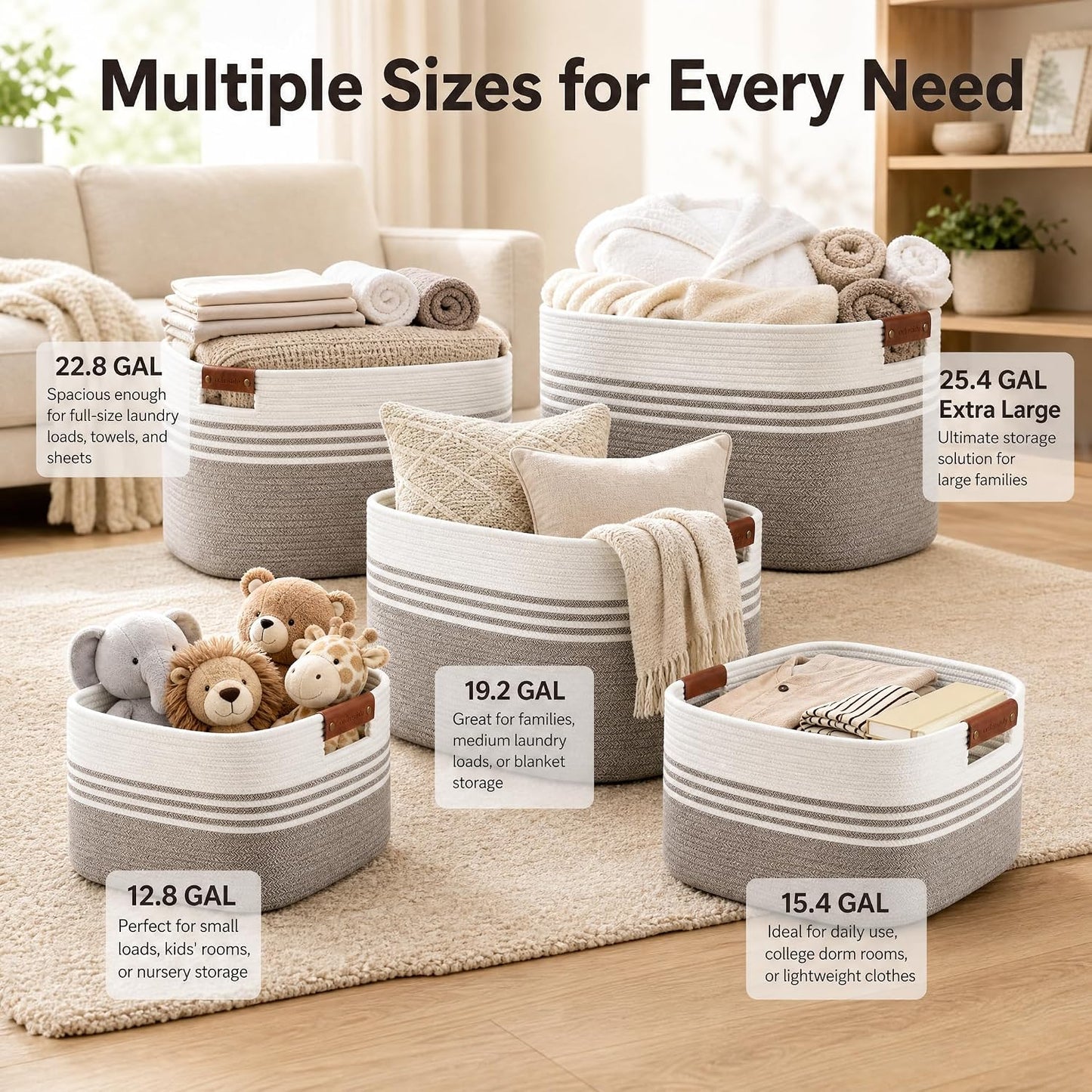 Collapsible Woven Storage Baskets / Whitebrown / 15.4GAL