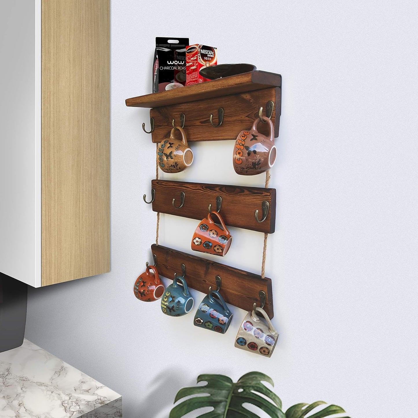 12 Hooks Coffee Cup Holder Solid Wood Mug Rack with Shelf Coffee Bar Mug Display Rustic Kitchen Storage Rack for